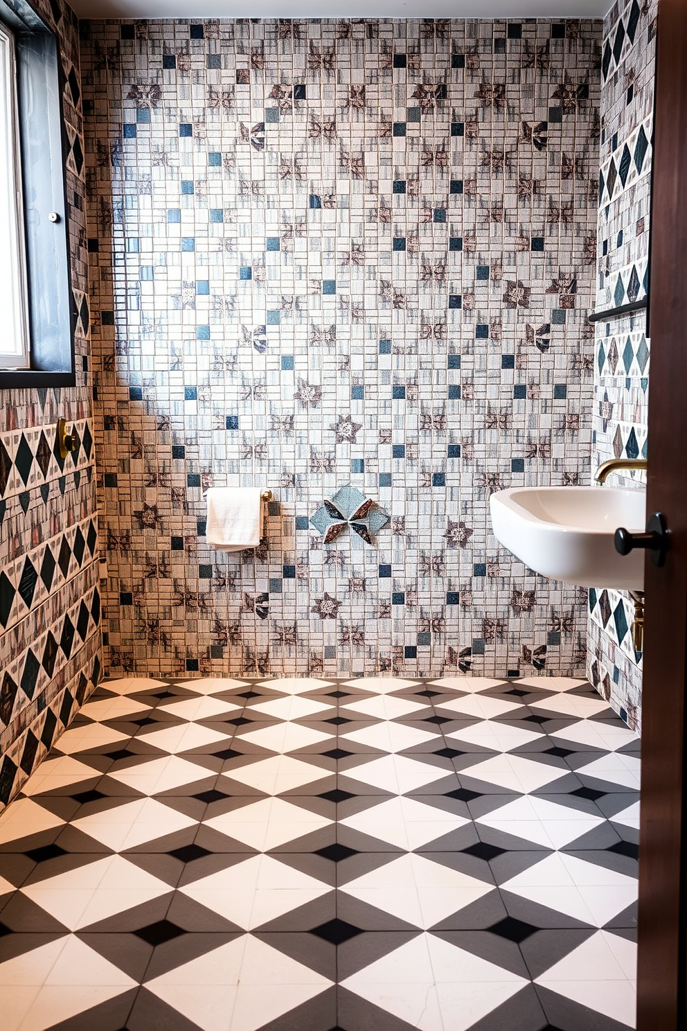A full bathroom designed with geometric tile patterns that create visual interest on both the floor and walls. The tiles feature a mix of bold colors and shapes, enhancing the overall aesthetic while maintaining a sense of harmony in the space.