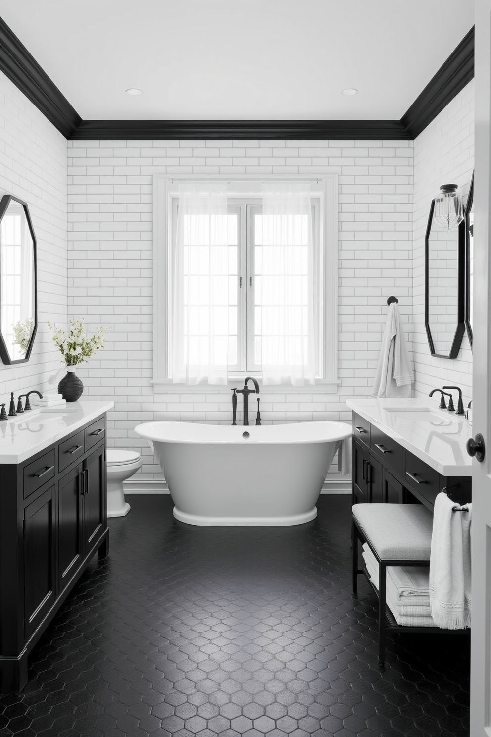 A classic full bathroom design featuring a striking black and white color scheme. The walls are adorned with white subway tiles while the floor showcases elegant black hexagonal tiles. A freestanding white soaking tub is positioned under a large window, framed by sheer white curtains. Opposite the tub, a sleek black vanity with a white marble countertop and dual sinks provides ample storage and style.