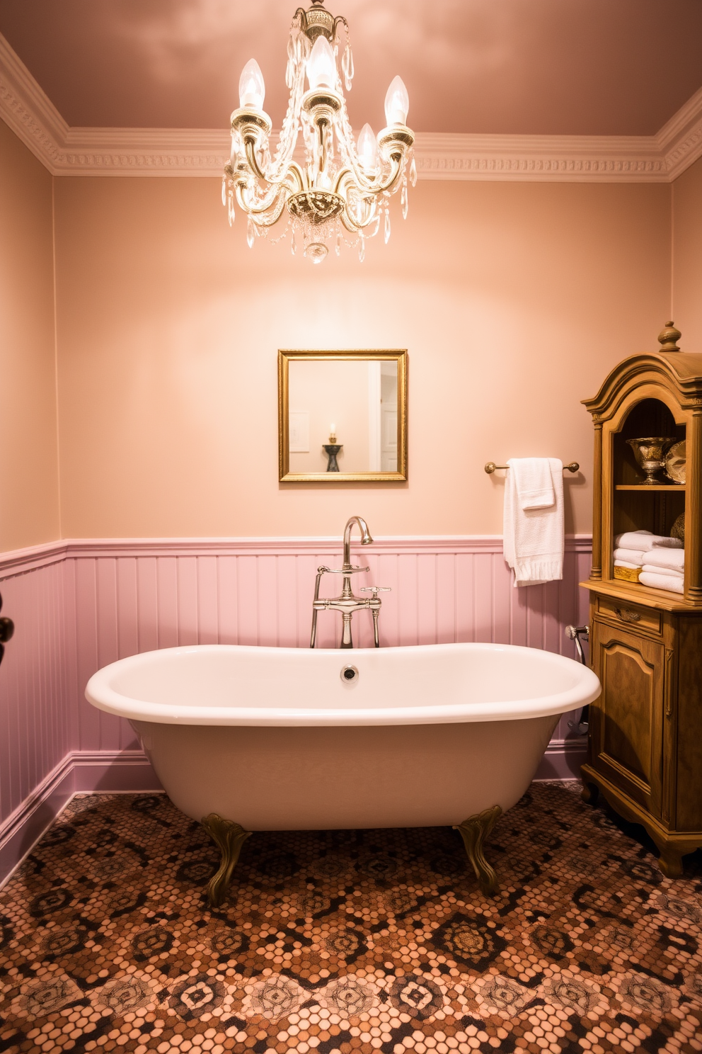 A vintage clawfoot tub sits elegantly in the center of the bathroom, surrounded by chic accents that enhance its classic appeal. Soft pastel colors adorn the walls, while a stylish chandelier hangs above, casting a warm glow over the space. The floor is laid with intricate mosaic tiles that complement the tub's design. An antique wooden cabinet holds plush towels and decorative items, adding to the overall charm of the room.