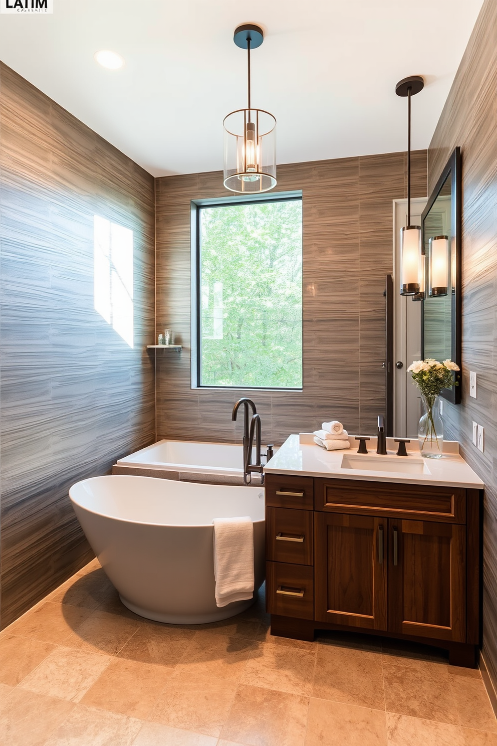 A luxurious full bathroom featuring textured wall panels that add depth and sophistication to the space. The room includes a freestanding soaking tub positioned under a large window, allowing natural light to flood in. The vanity is crafted from rich wood with dual sinks and a sleek quartz countertop. Elegant pendant lighting hangs above the vanity, casting a warm glow over the beautifully arranged accessories.