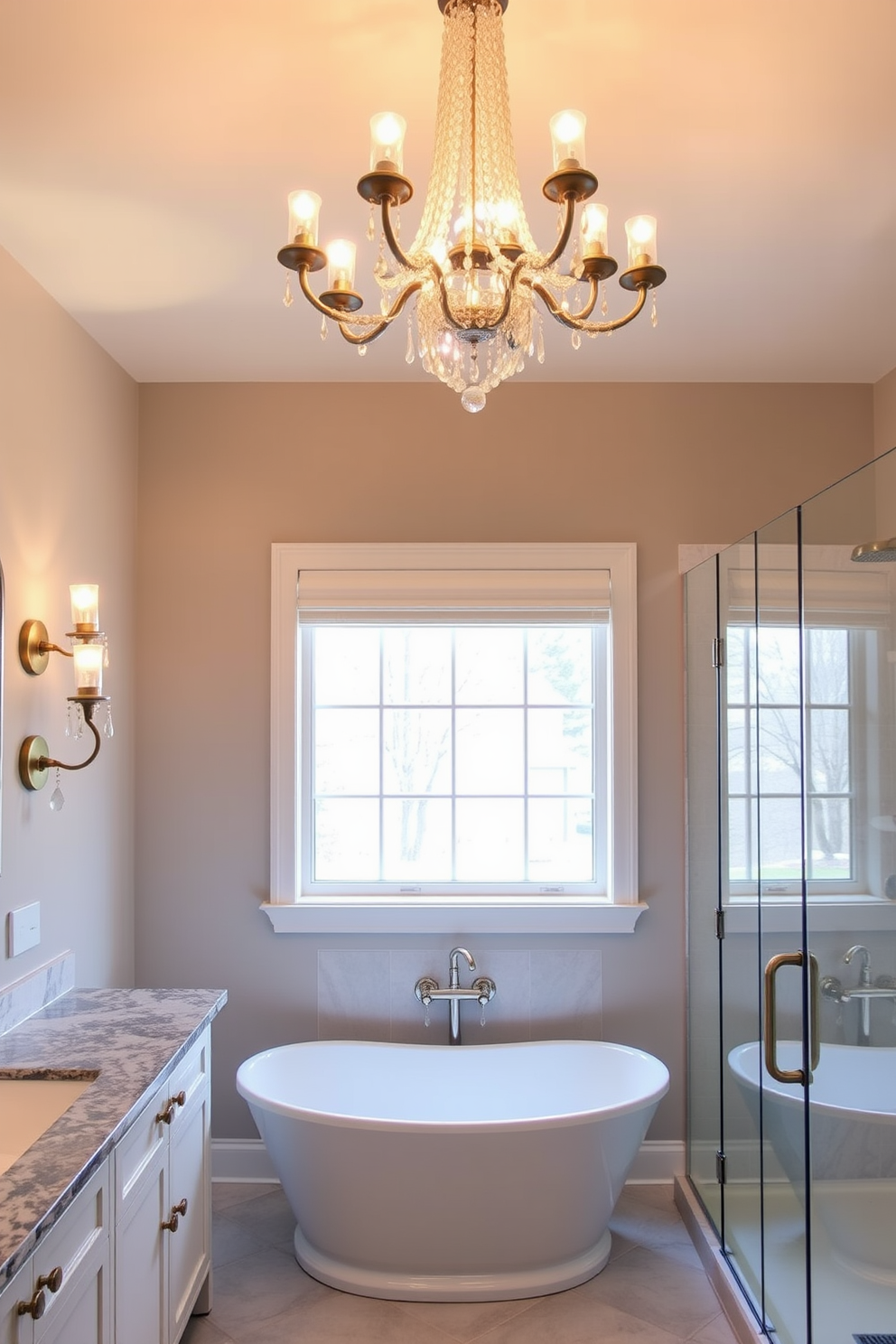 Creative lighting fixtures for ambiance. A stunning chandelier hangs from the ceiling, casting a warm glow over the room. Wall sconces with intricate designs flank the mirrors, providing additional soft lighting. The fixtures are made of brushed brass, complementing the overall elegant aesthetic. Full bathroom design ideas. The space features a freestanding soaking tub positioned under a large window, allowing natural light to flood in. A spacious walk-in shower with glass doors and a rainfall showerhead adds a modern touch to the design.