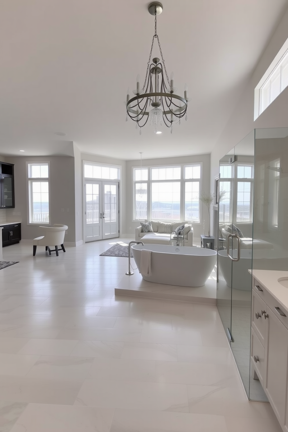 A spacious open concept living area seamlessly transitions into a full bathroom. The living space features large windows that flood the area with natural light, while the bathroom showcases a freestanding tub positioned under a stylish chandelier. The bathroom is designed with elegant fixtures and a walk-in shower enclosed by glass panels. Soft, neutral tones dominate the color palette, creating a serene atmosphere that complements the open layout.