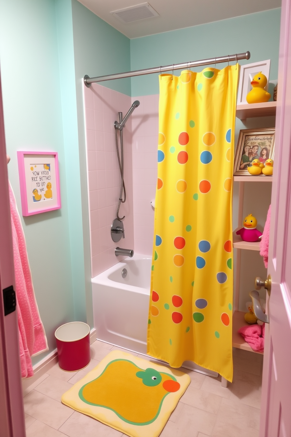 A playful bathroom design featuring whimsical touches that bring joy to the space. Colorful accessories such as a bright shower curtain and quirky bath mat add character and charm. The walls are painted in a soft pastel hue, creating a cheerful atmosphere. Fun artwork and decorative items like a rubber duck collection sit on the shelves, enhancing the playful vibe.