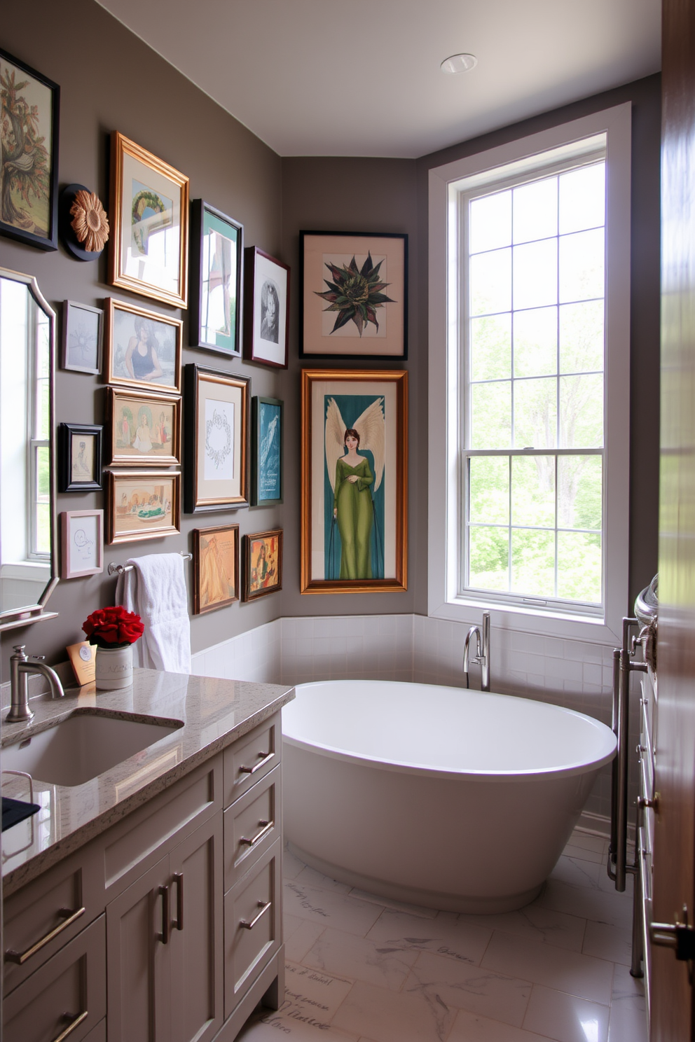 A full bathroom featuring personalized touches with custom artwork. The walls are adorned with unique pieces that reflect the homeowner's style, creating a vibrant and inviting atmosphere. The space includes a freestanding soaking tub positioned under a large window that allows natural light to flood in. Elegant fixtures and a double vanity with a sleek design enhance the overall luxury of the bathroom.