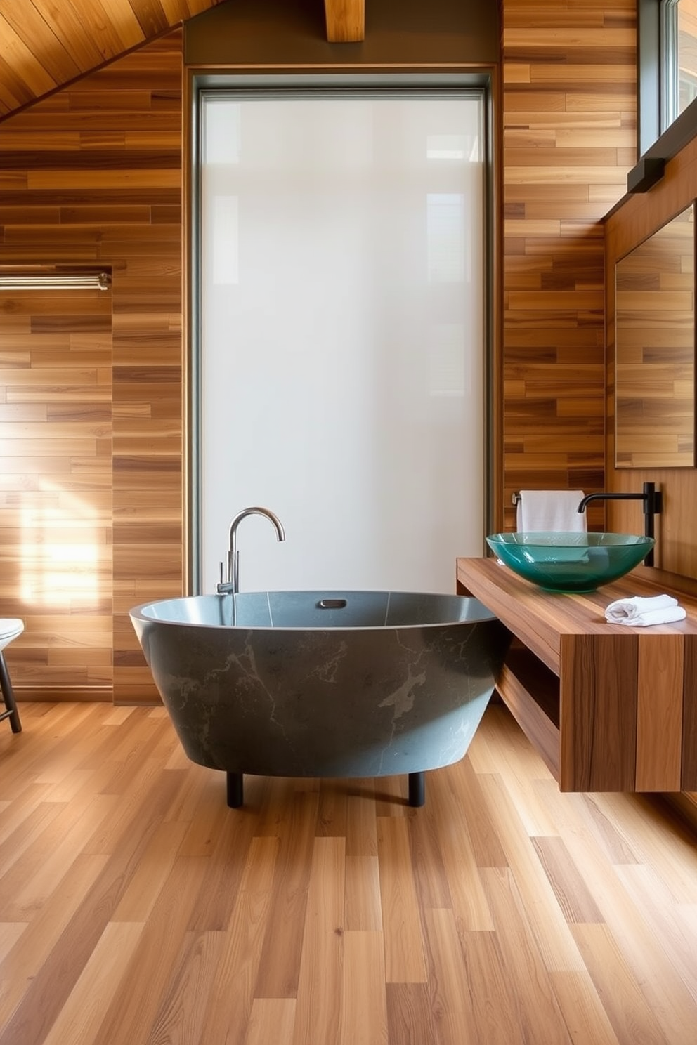A serene bathroom retreat featuring sustainable materials throughout the design. The walls are adorned with recycled wood paneling, and the flooring consists of bamboo tiles for a warm, natural feel. The centerpiece is a freestanding soaking tub made of reclaimed stone, accompanied by a sleek, modern faucet. A floating vanity crafted from salvaged wood displays a vessel sink made from recycled glass, enhancing the eco-friendly aesthetic.
