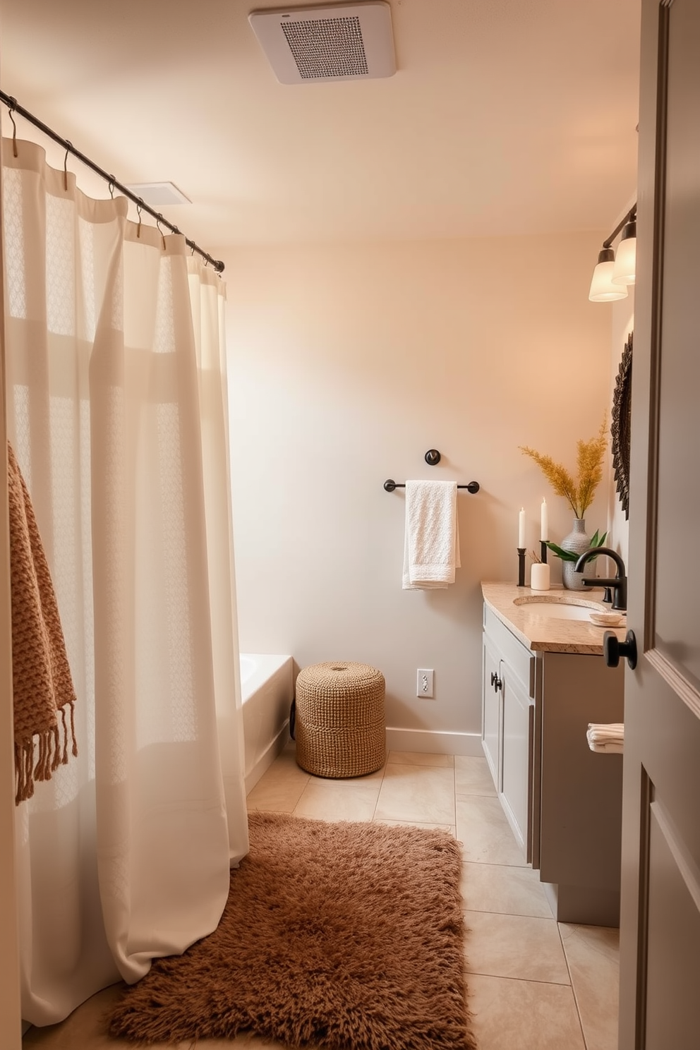 A cozy full bathroom design featuring layered textiles that create warmth and comfort. The space includes a plush area rug, soft towels, and a luxurious shower curtain in complementary colors. The vanity is adorned with a stylish countertop and modern fixtures, while the walls are painted in a soothing neutral tone. Decorative elements like candles and plants add a touch of tranquility to the overall aesthetic.