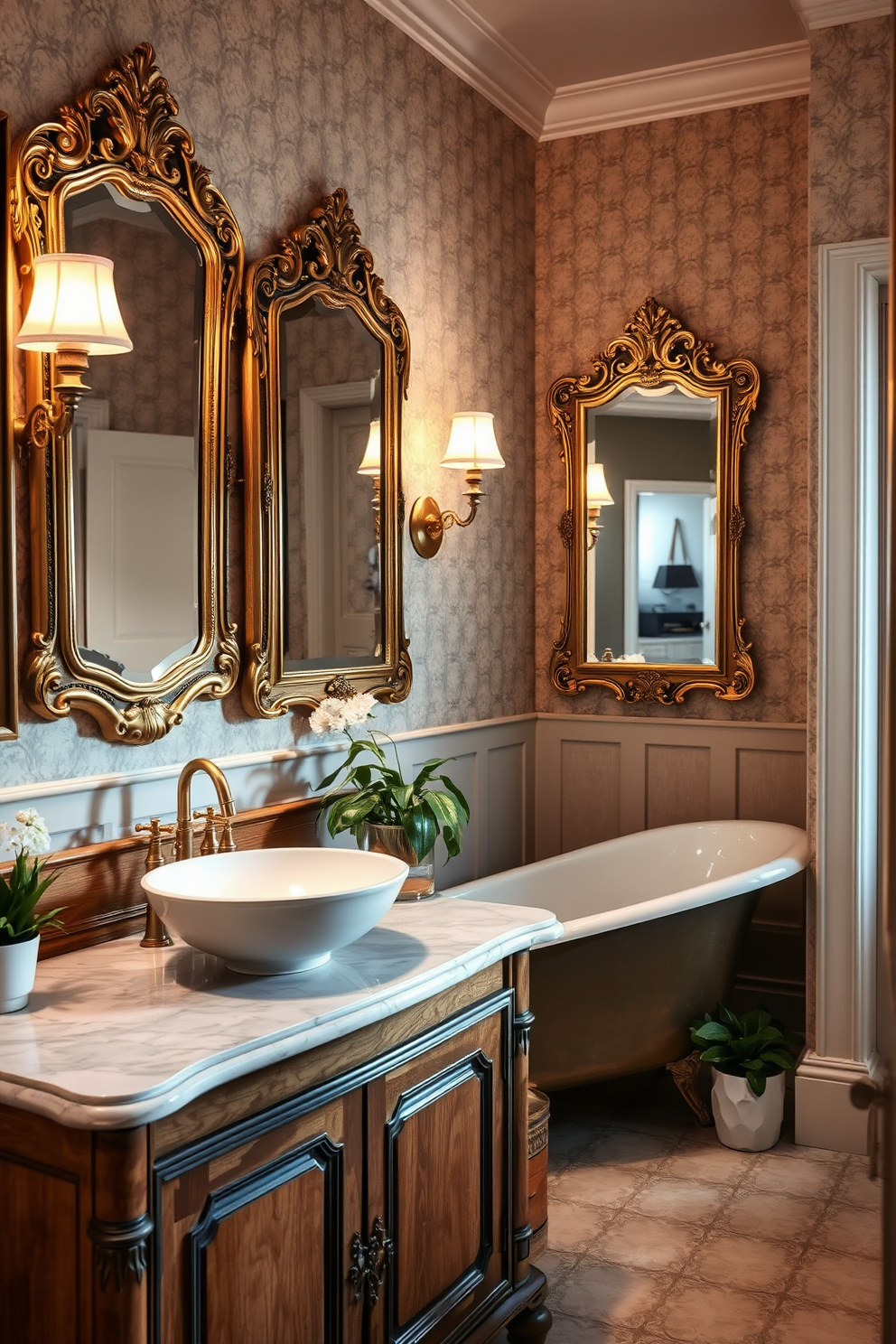 A full bathroom designed with vintage mirrors that enhance elegance. The space features a freestanding clawfoot tub, surrounded by decorative plants and soft lighting, creating a serene atmosphere. The vanity is adorned with an antique wooden finish, complemented by a marble countertop and a stylish vessel sink. Elegant fixtures in brushed gold add a touch of sophistication, while patterned wallpaper in muted tones creates a warm backdrop.