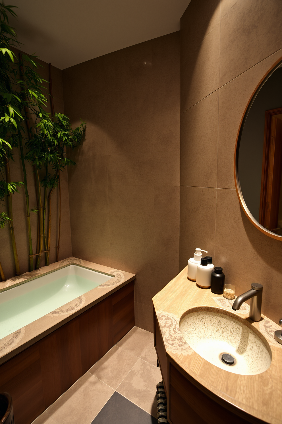 Asian inspired tranquility with bamboo accents. The bathroom features a deep soaking tub surrounded by natural stone tiles and bamboo plants for a serene atmosphere. A wooden vanity with a stone countertop complements the bamboo elements, while a round mirror with a simple wooden frame hangs above. Soft lighting illuminates the space, creating a warm and inviting ambiance.