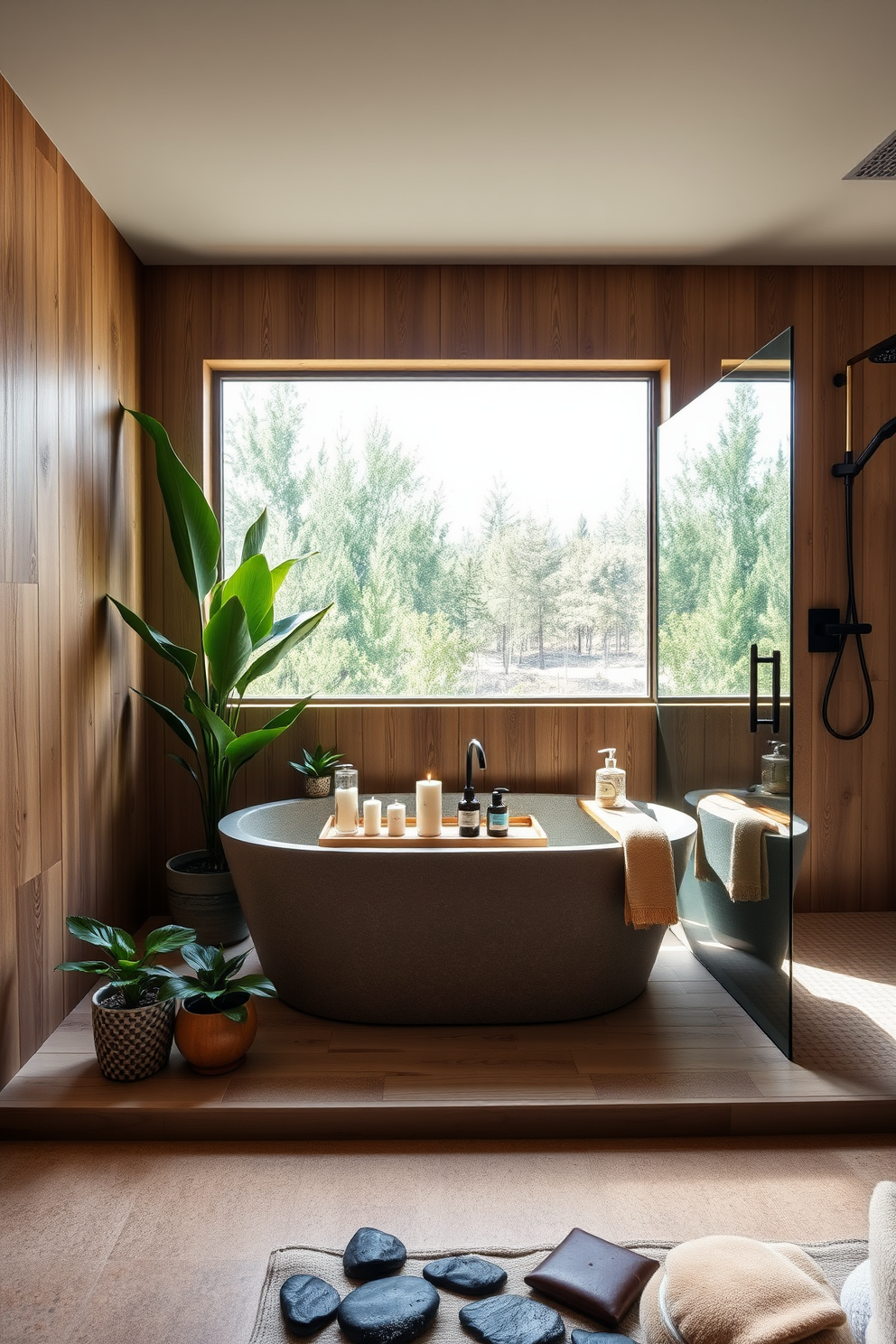 A spa-inspired retreat with natural elements features a freestanding soaking tub made of stone positioned under a large window that lets in ample natural light. Surrounding the tub are potted plants and a wooden tray holding scented candles and bath essentials, creating a serene atmosphere. The walls are adorned with textured wood panels in a warm tone, while the floor is covered in smooth river stones for a natural feel. A spacious walk-in shower with a glass enclosure and rainfall showerhead completes the luxurious design, offering a tranquil escape.