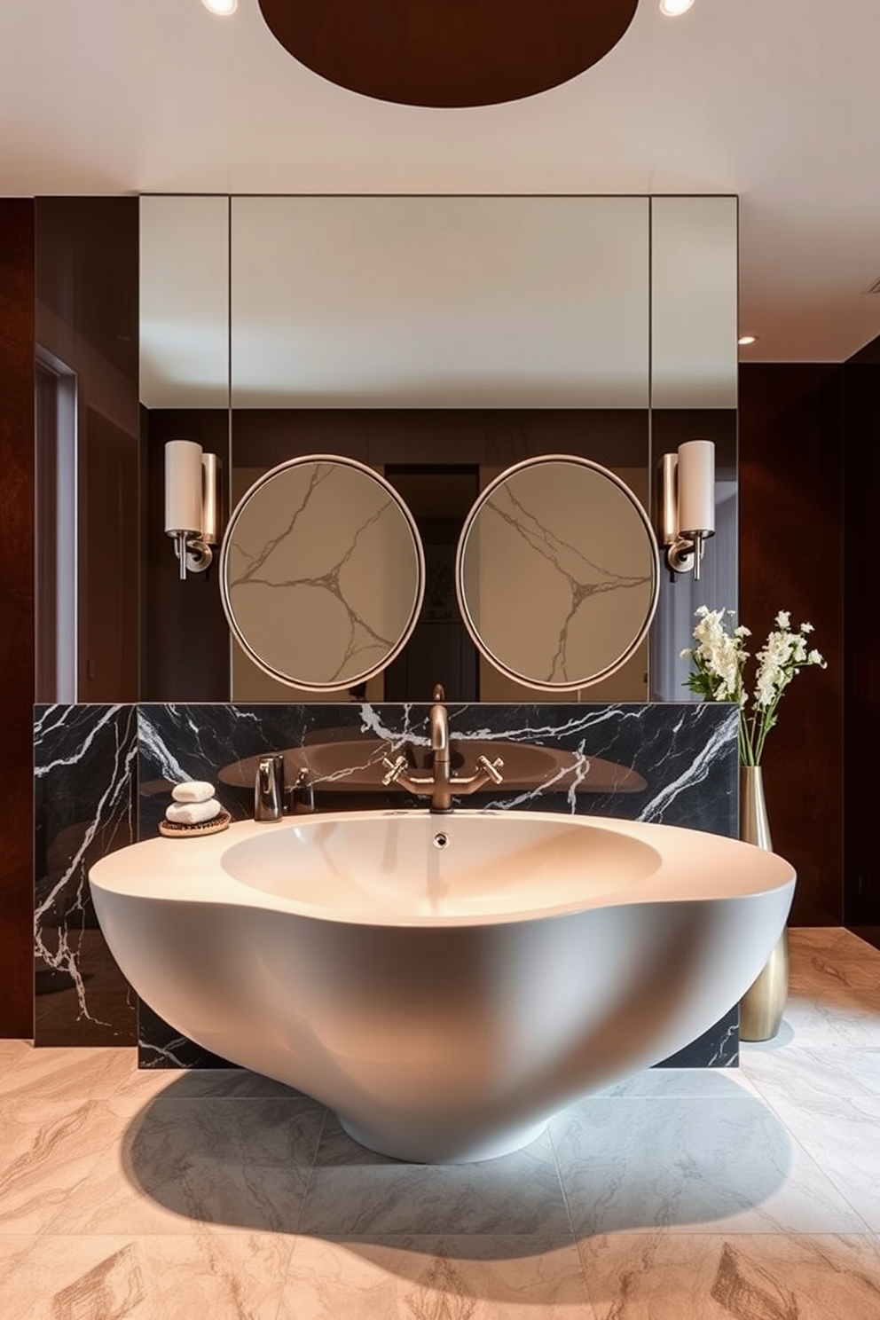 A bold sink design serves as the centerpiece of a luxurious bathroom. The sink features a unique sculptural shape, crafted from high-quality materials, and is complemented by elegant fixtures. Surrounding the sink, a harmonious blend of textures and colors creates a cohesive look. The walls are adorned with rich, deep hues, while the flooring showcases intricate tile work that enhances the overall aesthetic.