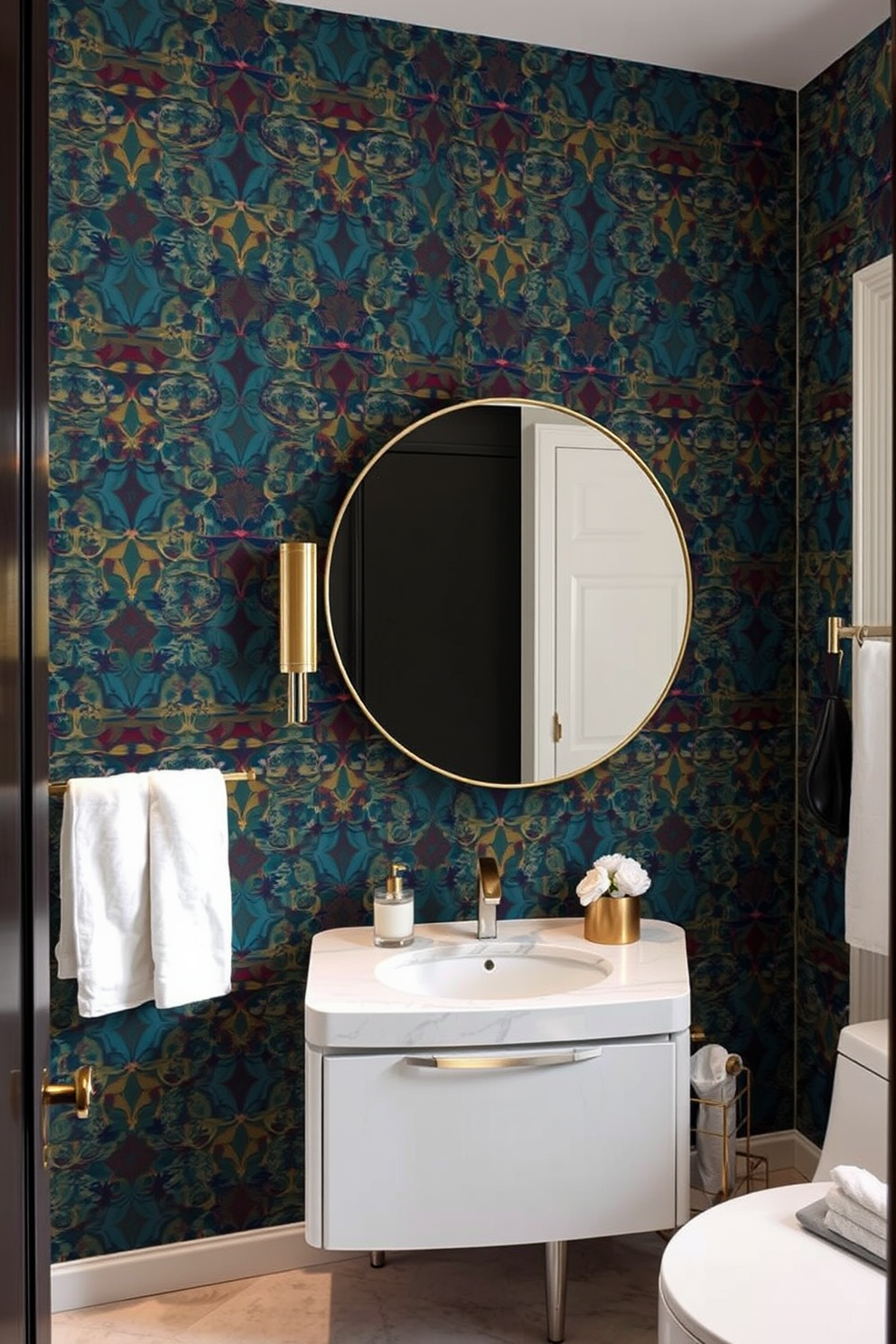 A bold wallpaper featuring a vibrant geometric pattern covers the statement wall, creating a striking focal point in the space. The rest of the bathroom is designed with sleek fixtures and neutral tones to balance the boldness of the wallpaper. The vanity is a contemporary design with a glossy finish, complemented by a large round mirror that enhances the sense of space. Luxurious touches like gold accents and plush towels elevate the overall aesthetic, making the bathroom feel both elegant and inviting.