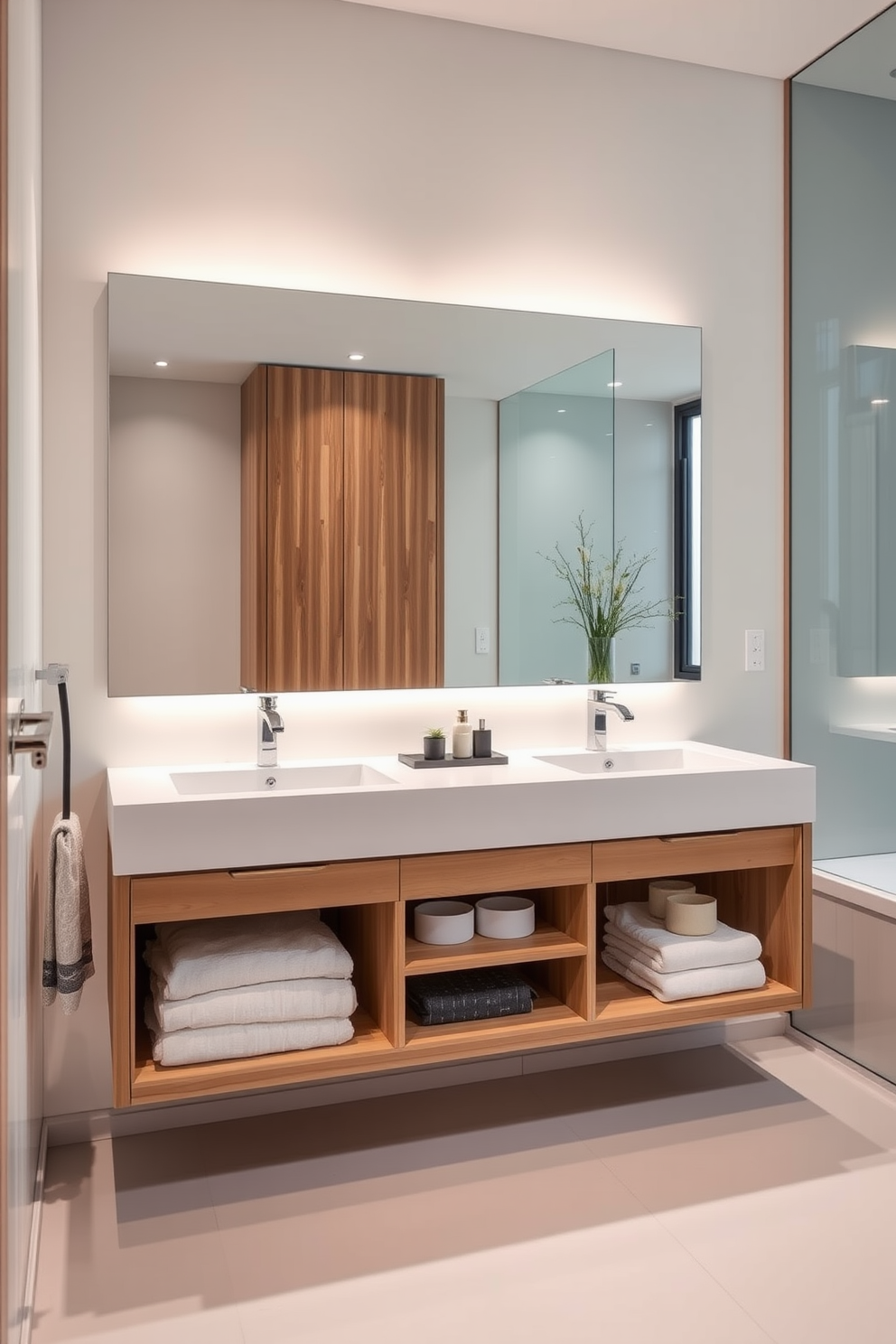 A floating vanity with sleek storage solutions is the centerpiece of this modern bathroom. The design features clean lines and a minimalist aesthetic, complemented by a large mirror that enhances the sense of space. The color palette includes soft neutrals and warm wood tones, creating a calming atmosphere. Stylish fixtures and thoughtful lighting add sophistication and functionality to the overall design.