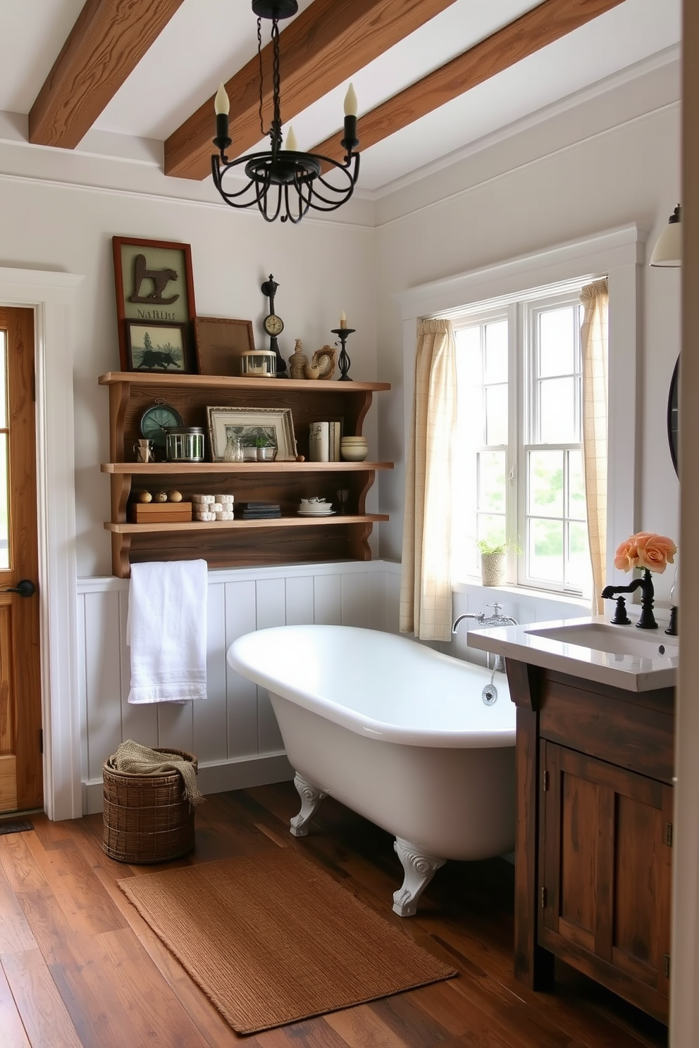 Rustic farmhouse charm with wood accents. The bathroom features a freestanding clawfoot tub surrounded by reclaimed wood shelving and vintage decor. Natural light floods the space through a large window with sheer linen curtains. The walls are painted in a soft white, complemented by a distressed wood vanity with a farmhouse sink.