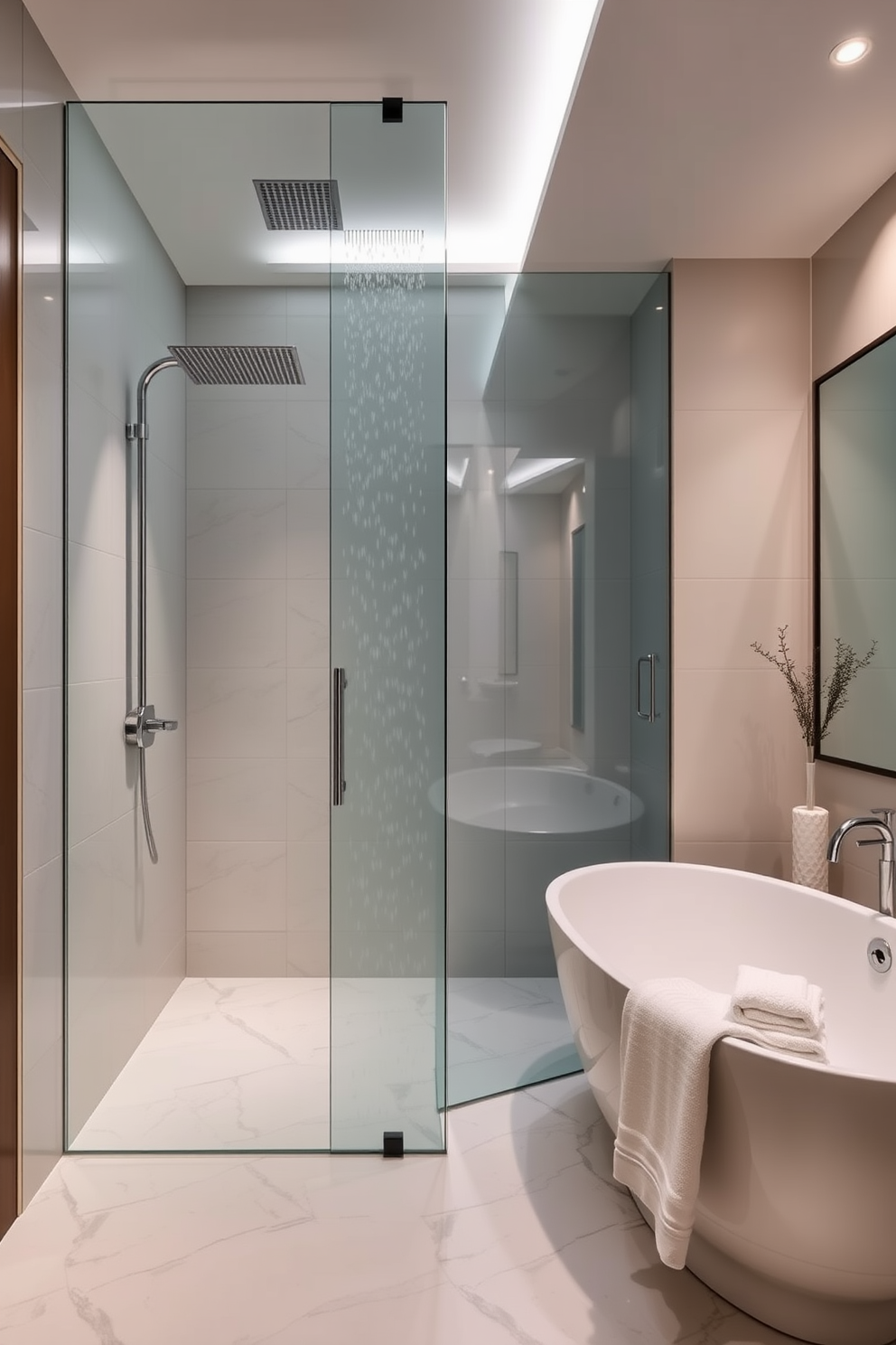 A luxury rain shower with a glass enclosure is the centerpiece of this full bathroom design. The sleek, modern fixtures and soft ambient lighting create a tranquil and sophisticated atmosphere. The walls are adorned with large format tiles in a calming neutral tone, while the floor features elegant marble. A freestanding soaking tub sits adjacent to the shower, complemented by plush towels and decorative elements that enhance the overall aesthetic.