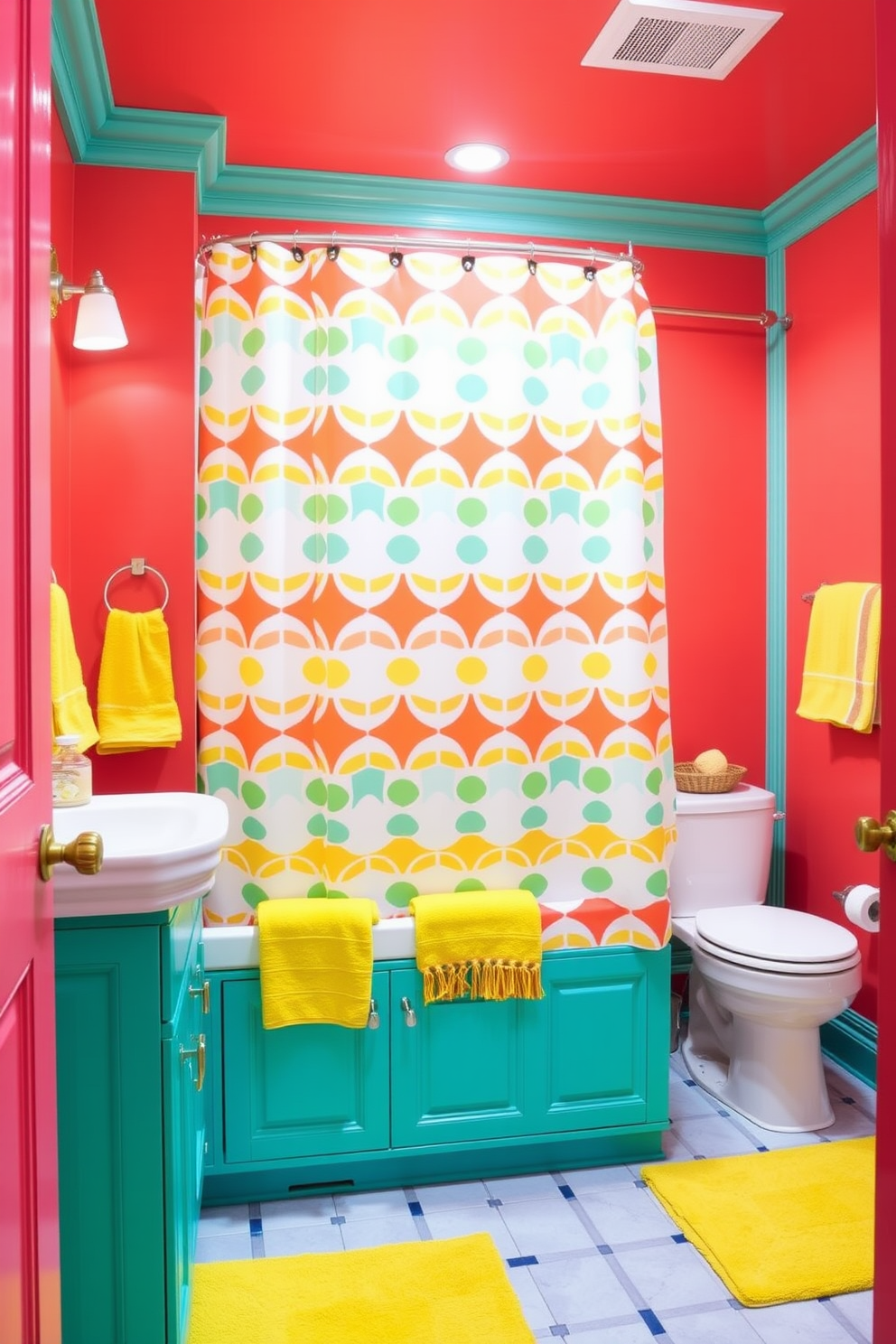 A vibrant full bathroom filled with playful colors. The walls are painted in a bright coral hue, while the cabinetry features a cheerful turquoise finish. The shower curtain showcases a fun geometric pattern in multiple colors. Accessories like towels and rugs in sunny yellow and lime green complete the lively atmosphere.