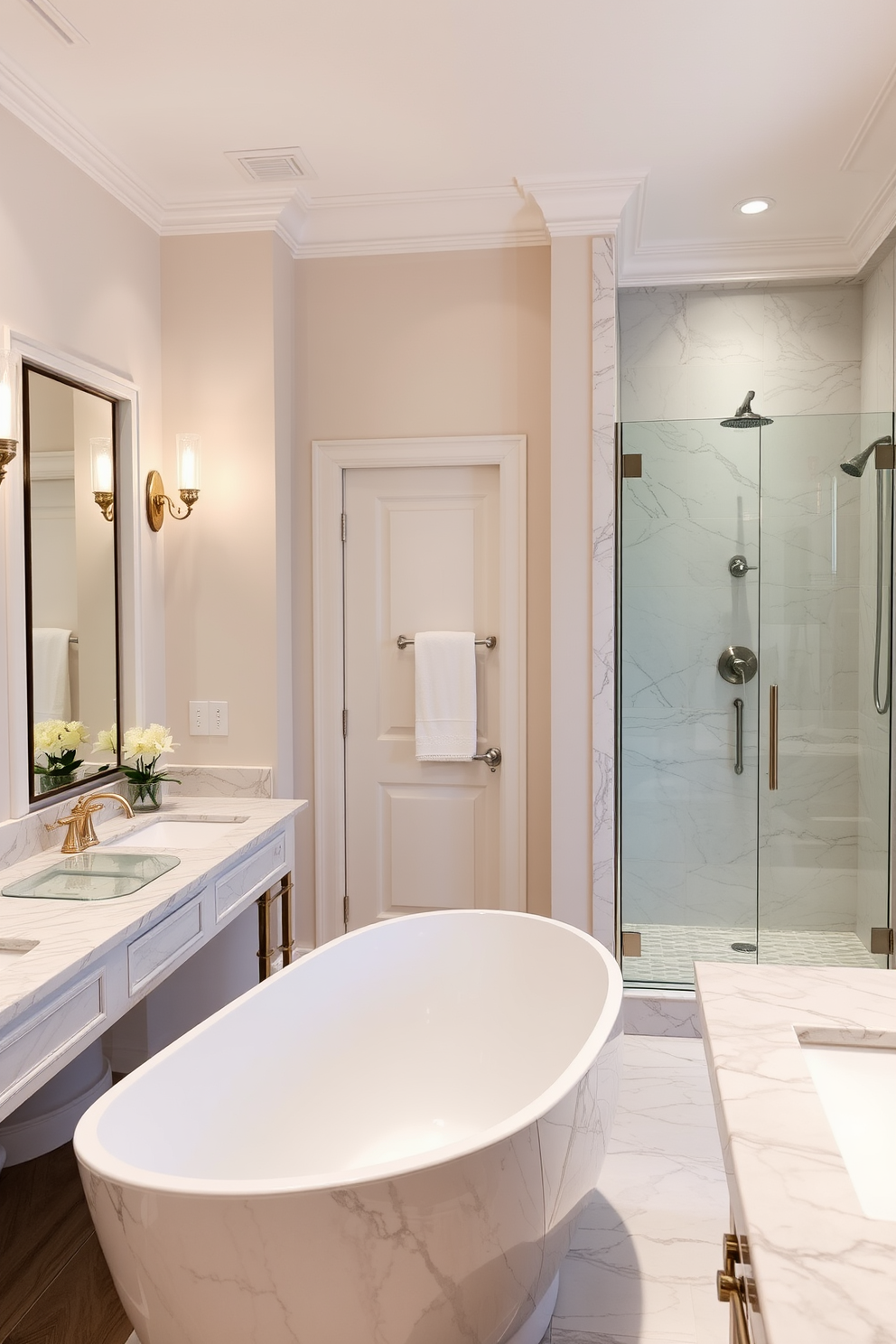 A luxurious full bathroom featuring elegant marble countertops and fixtures. The space includes a freestanding soaking tub with a modern faucet and a spacious walk-in shower with glass doors. The walls are adorned with soft neutral tones, creating a calming atmosphere. Stylish sconces illuminate the room, casting a warm glow over the polished surfaces and decorative elements.