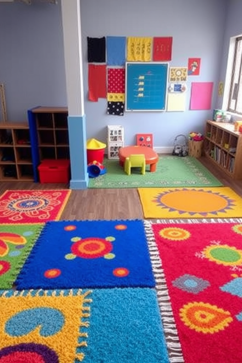 A vibrant playroom filled with colorful rugs that define distinct play areas. Each rug features unique patterns and textures, creating a playful atmosphere for children to explore and enjoy.