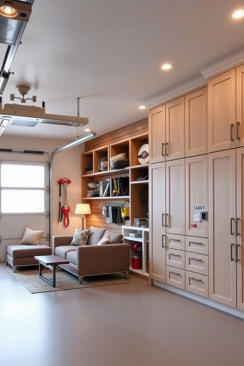 A stylish garage apartment features functional built-in storage solutions that maximize space and organization. The design includes custom cabinetry along one wall, providing ample storage for tools and outdoor gear while maintaining a clean aesthetic. The living area is designed with a cozy seating arrangement that seamlessly integrates with the storage elements. Large windows allow natural light to flood the space, enhancing the warm and inviting atmosphere.