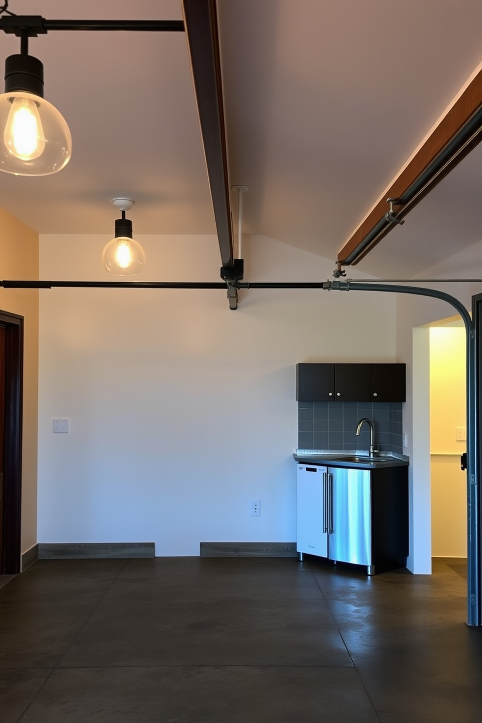 Warm lighting fixtures create a cozy atmosphere in the garage apartment, enhancing the space's charm. Soft, diffused light illuminates the area, highlighting the unique architectural features and inviting a sense of comfort. The design incorporates a blend of modern and rustic elements, with exposed beams and polished concrete floors. A small kitchenette with sleek appliances complements the open living area, providing functionality without sacrificing style.