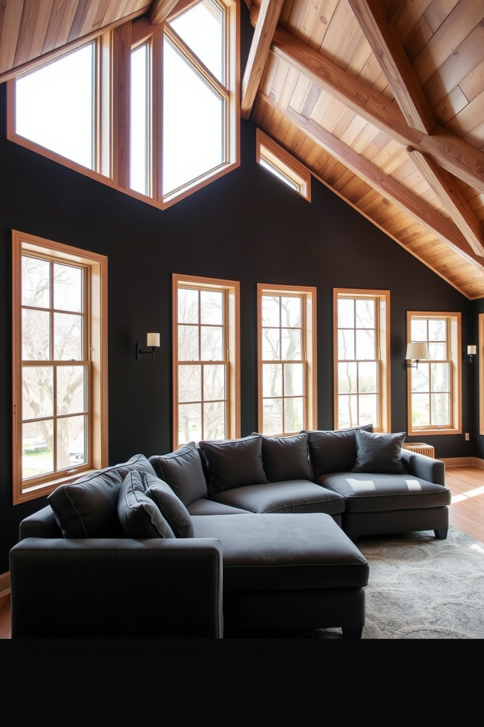 Chic gray chaise lounge for relaxation. The chaise lounge is upholstered in soft gray fabric with elegant tufting and sleek wooden legs, positioned near a large window that allows natural light to flood the room. Gray attic room design ideas. The space features sloped ceilings painted in a light gray hue, complemented by cozy furnishings and warm lighting that create an inviting atmosphere.