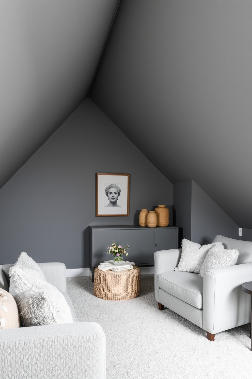 A dramatic gray attic room features a slanted ceiling that adds depth and character to the space. The walls are painted in a soft gray hue, complemented by plush furnishings that create a cozy atmosphere.