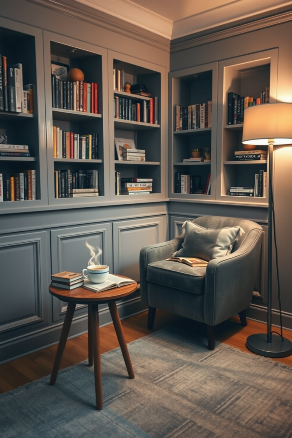 Cozy reading nook with gray accents. A plush gray armchair sits in the corner next to a small wooden side table, adorned with a steaming cup of tea and a stack of books. The walls are lined with built-in shelves filled with various novels and decorative items. Soft, warm lighting from a stylish floor lamp creates an inviting atmosphere, while a textured gray rug anchors the space.