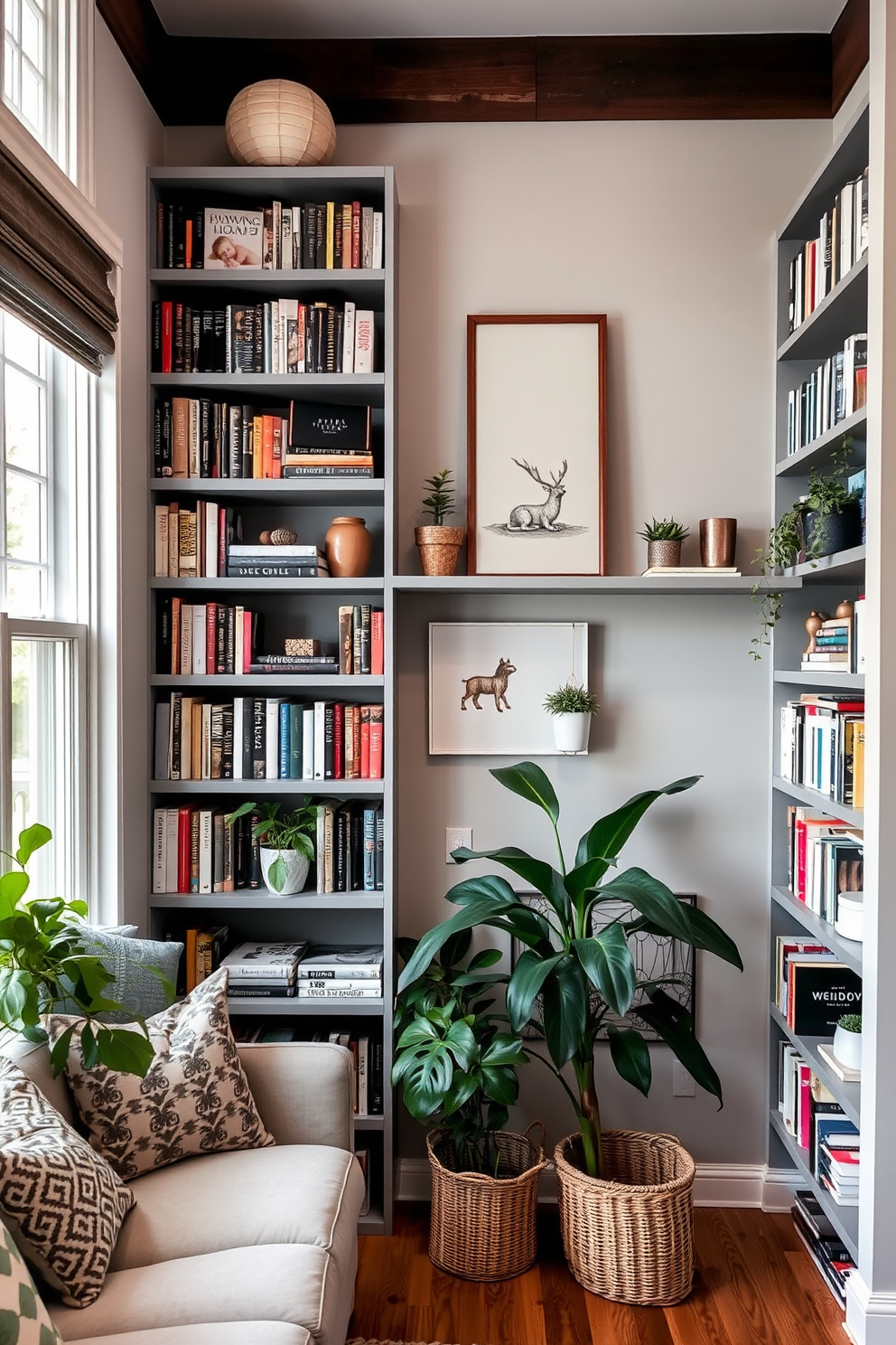 A cozy home library featuring wall-mounted gray shelves that maximize space efficiency. The shelves are filled with an array of books, decorative items, and plants, creating an inviting atmosphere.