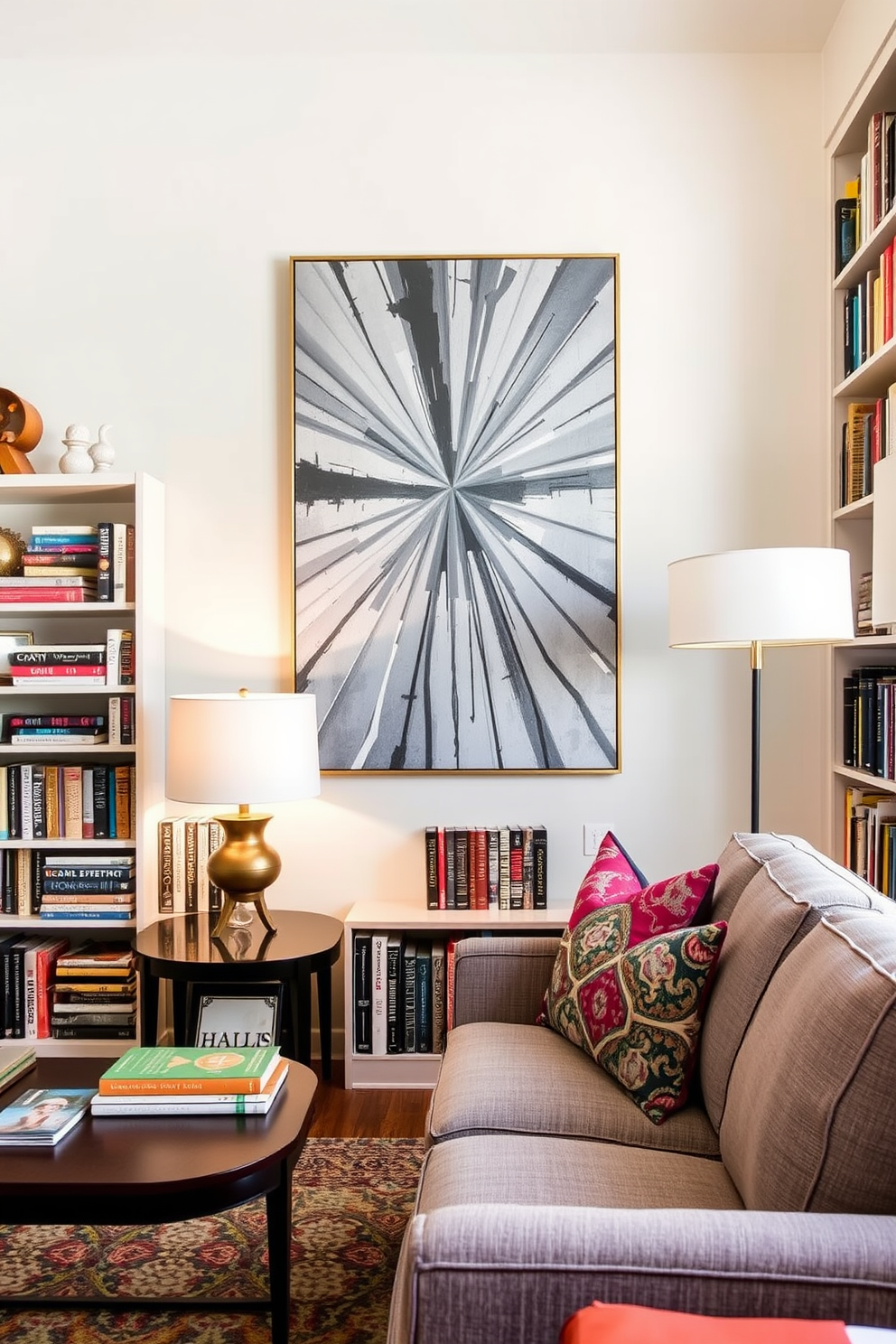 Eclectic gray artwork adorns the walls of a cozy home library, creating a striking focal point that draws the eye. The shelves are filled with a mix of books and decorative objects, while a comfortable reading nook invites relaxation. The library features a plush gray sofa paired with colorful accent pillows, adding warmth and personality to the space. Soft lighting from stylish lamps enhances the inviting atmosphere, making it the perfect spot for quiet reading or study.
