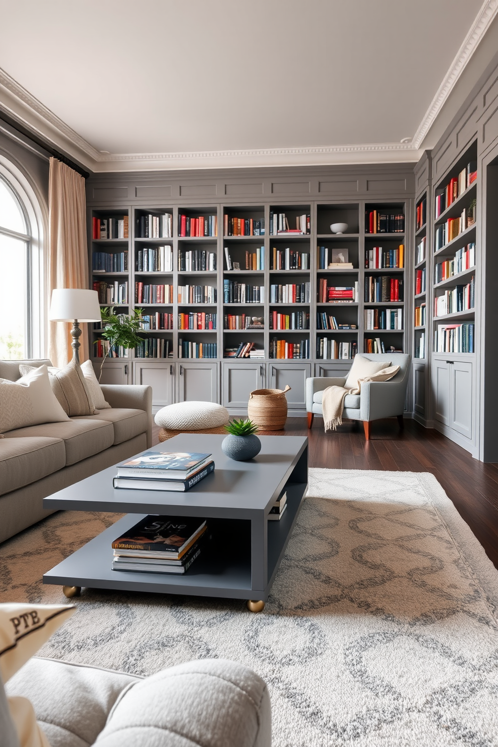 A stylish gray coffee table sits at the center of a cozy living room adorned with plush seating and soft textiles. The table features a sleek design with clean lines and is complemented by decorative books and a small succulent for a touch of greenery. The home library is designed with gray tones that create a calm and inviting atmosphere. Floor-to-ceiling bookshelves line the walls, filled with an array of books, while a comfortable reading nook with a soft armchair and a warm throw invites relaxation.
