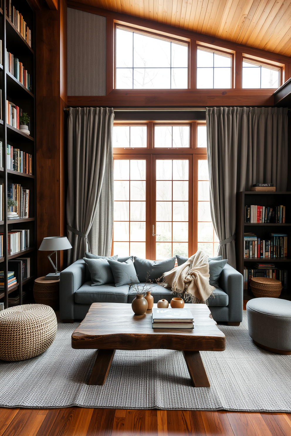 A cozy home library featuring natural wood elements and gray accents. The walls are lined with dark wooden bookshelves filled with an array of books, while a plush gray sofa invites relaxation. Soft gray curtains frame the large windows, allowing natural light to filter in. A rustic wooden coffee table sits in the center, adorned with a few decorative items and a warm throw blanket.