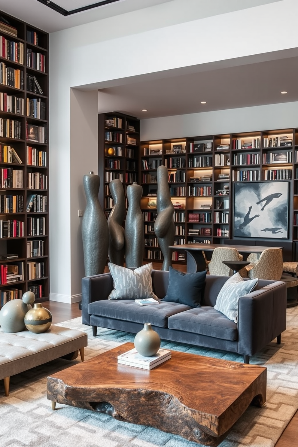 Artistic gray sculptures are strategically placed throughout the room, adding a touch of modern elegance. The library features floor-to-ceiling bookshelves filled with an extensive collection of books, complemented by soft ambient lighting. A plush gray sofa invites relaxation, paired with a sleek coffee table made of reclaimed wood. The walls are adorned with abstract art pieces that enhance the sophisticated atmosphere of the space.