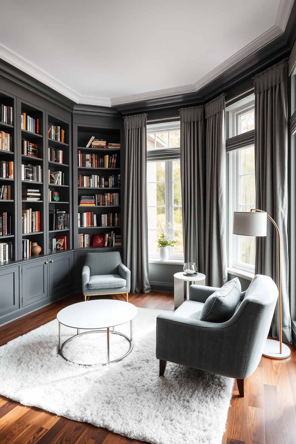 A cozy home library featuring a mix of gray and white tones for a striking contrast. The walls are adorned with built-in shelves filled with books, while a plush gray armchair sits invitingly in the corner next to a sleek white side table. Natural light floods the room through large windows, highlighting the elegant gray curtains that frame them. A soft white area rug lies beneath a stylish coffee table, creating a perfect reading nook for relaxation.