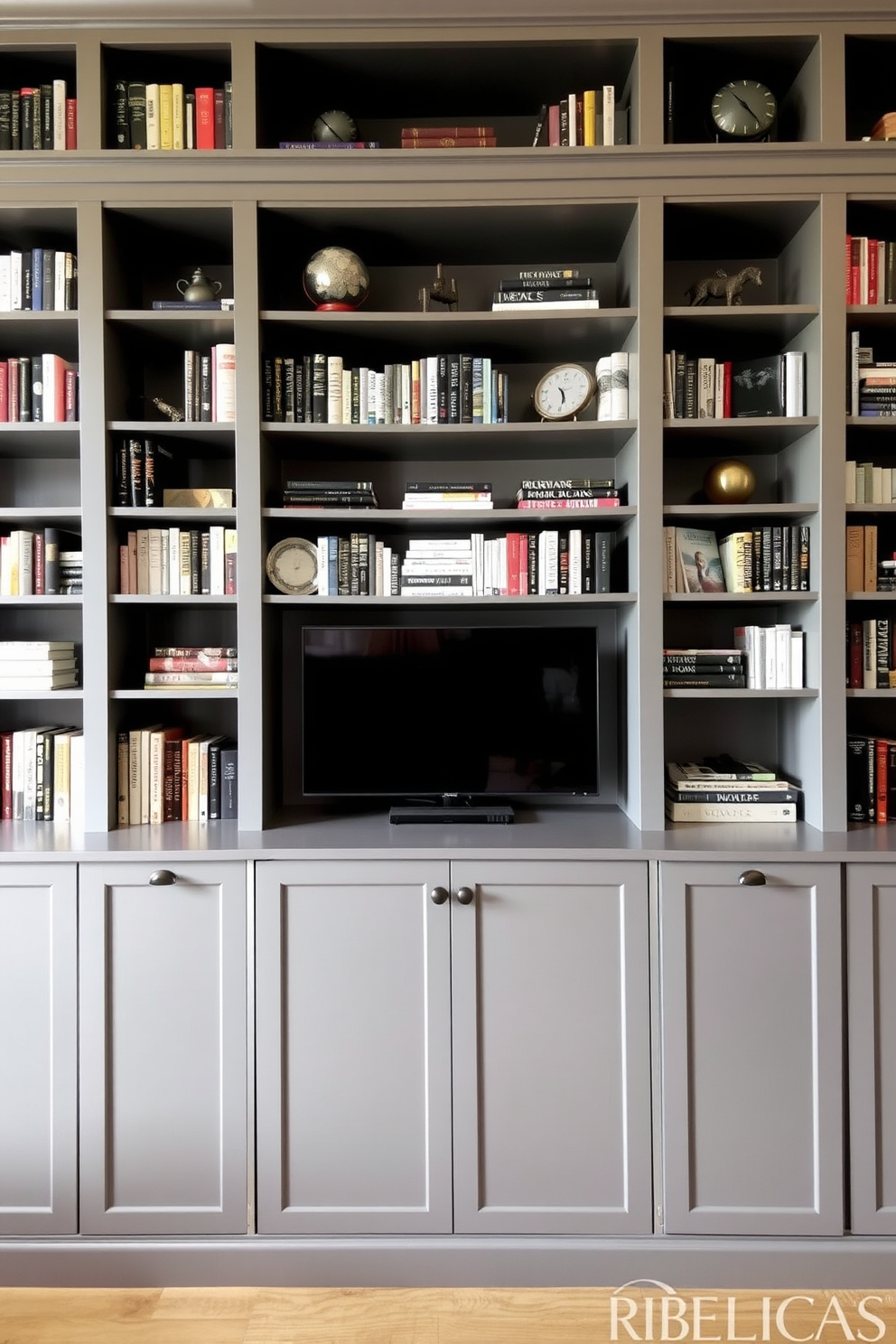 A modern home library featuring built-in gray bookshelves that stretch from floor to ceiling. The shelves are filled with an array of books and decorative items, creating a sophisticated and inviting atmosphere.