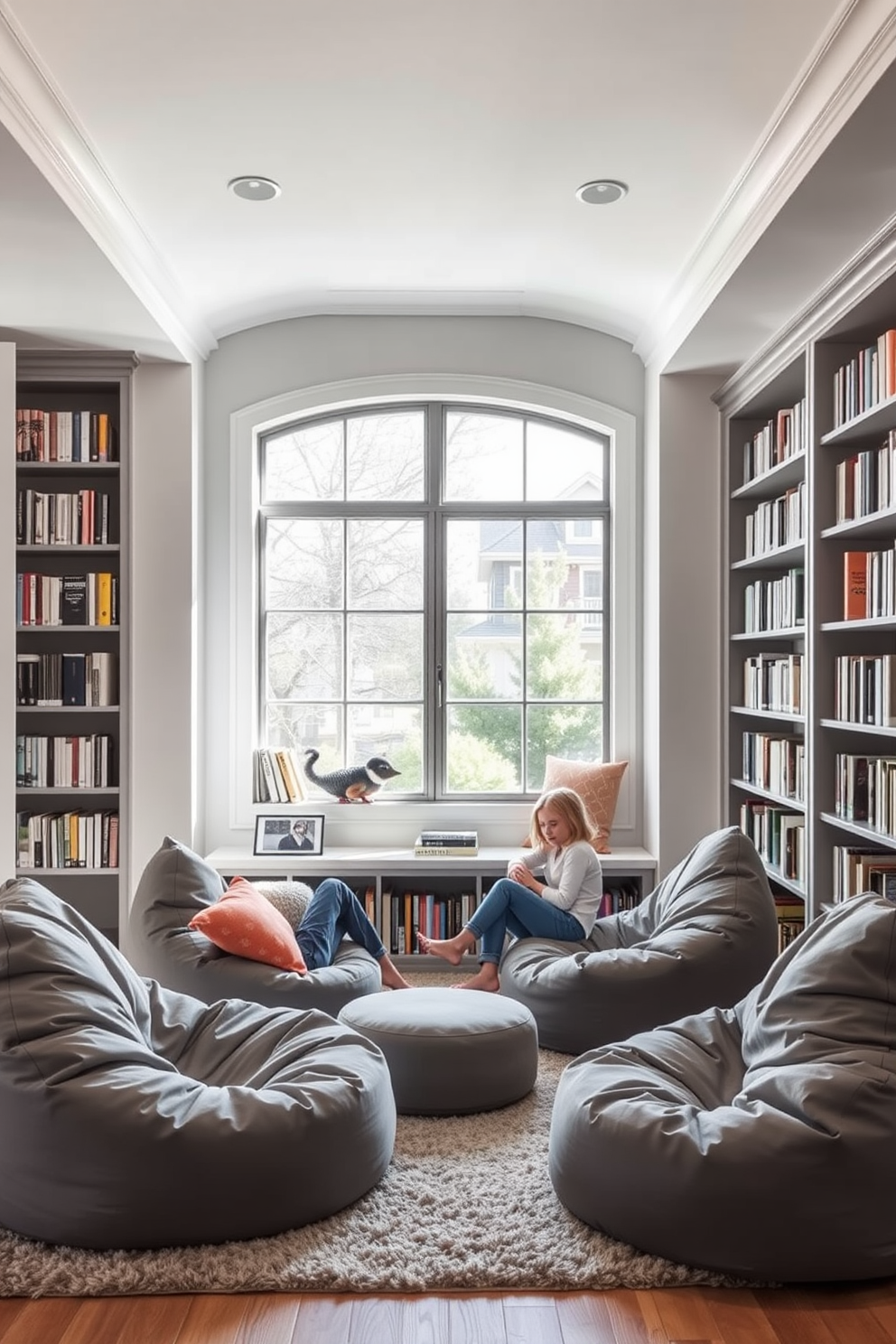 Comfortable gray bean bags for casual seating. The room is adorned with soft lighting and a plush rug, creating an inviting atmosphere. Gray home library design ideas. The shelves are filled with books, and a cozy reading nook features a large window with natural light streaming in.