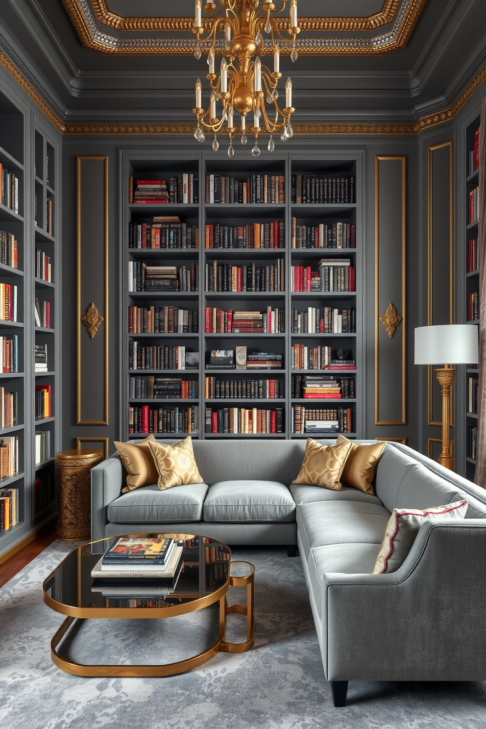 A luxurious home library featuring gray walls adorned with elegant gold accents. Shelves filled with an array of books line the walls, complemented by a plush gray sofa and a sleek gold coffee table.