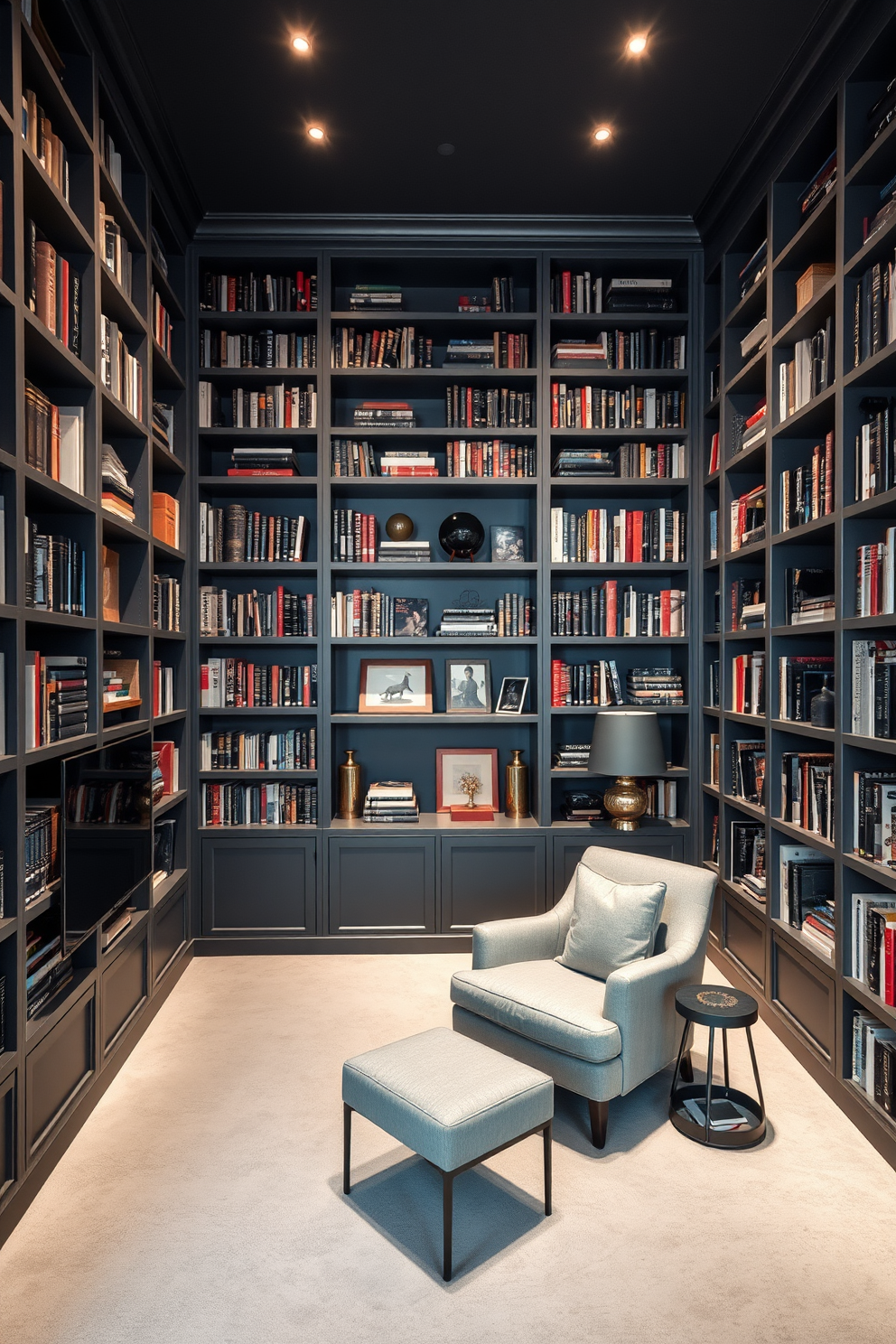 A striking home library features floor-to-ceiling gray bookshelves that create a dramatic focal point. The shelves are filled with an array of books and decorative items, providing both functionality and style. Soft lighting illuminates the space, highlighting the rich textures of the gray shelves. A cozy reading nook with a plush armchair and a small side table invites relaxation and enjoyment of the literary collection.