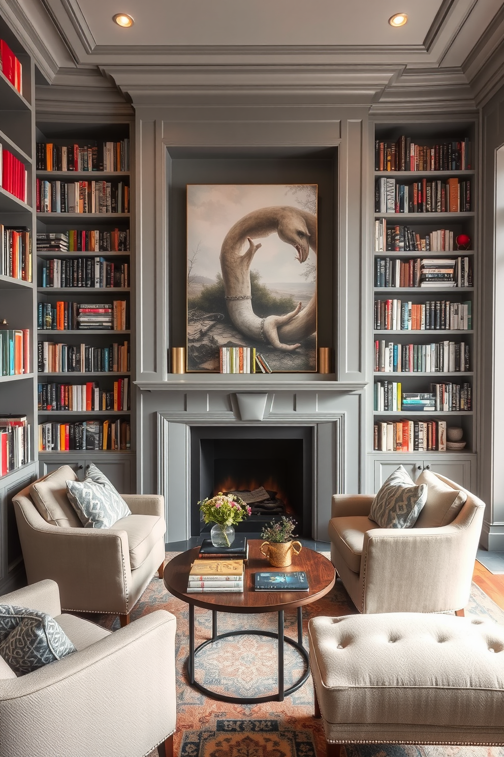A cozy home library designed in soft gray tones. The space features plush seating surrounded by bookshelves filled with an array of books, inviting readers to unwind.