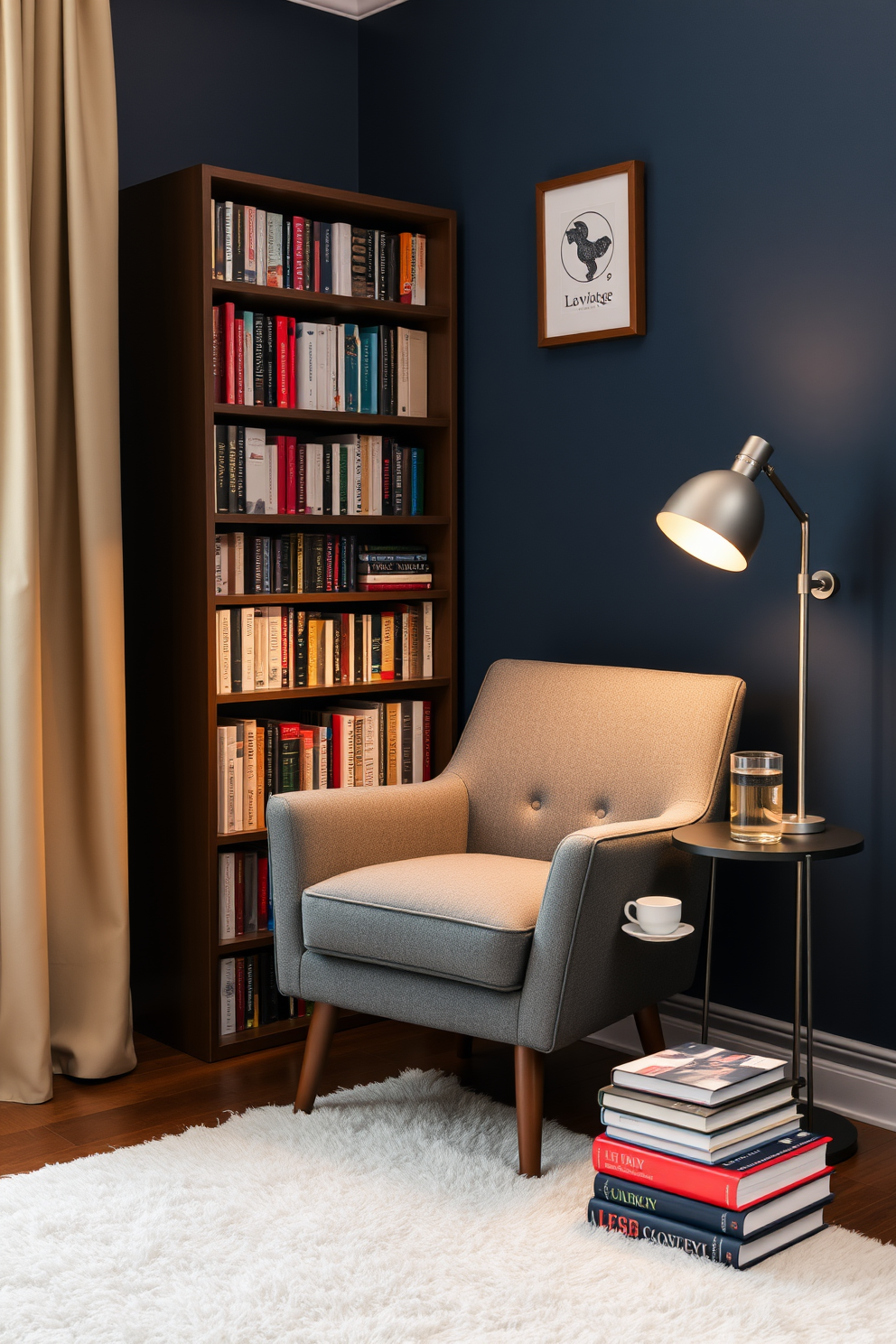 A cozy reading corner featuring a gray accent chair positioned next to a tall bookshelf filled with an array of books. Soft lighting from a nearby floor lamp creates a warm ambiance, while a small side table holds a steaming cup of tea and a stack of novels. The walls are adorned with rich navy blue paint, contrasting beautifully with the gray chair. A plush area rug underfoot adds comfort, inviting you to settle in with your favorite read.