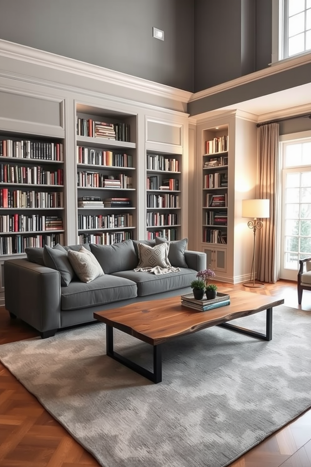 A cozy home library featuring layered gray tones that create depth and warmth. The walls are adorned with built-in bookshelves filled with an array of books, while a plush gray sofa invites relaxation. A large area rug in a lighter shade of gray anchors the space, complemented by a sleek coffee table made of reclaimed wood. Soft lighting from a stylish floor lamp casts a warm glow, enhancing the inviting atmosphere of the library.