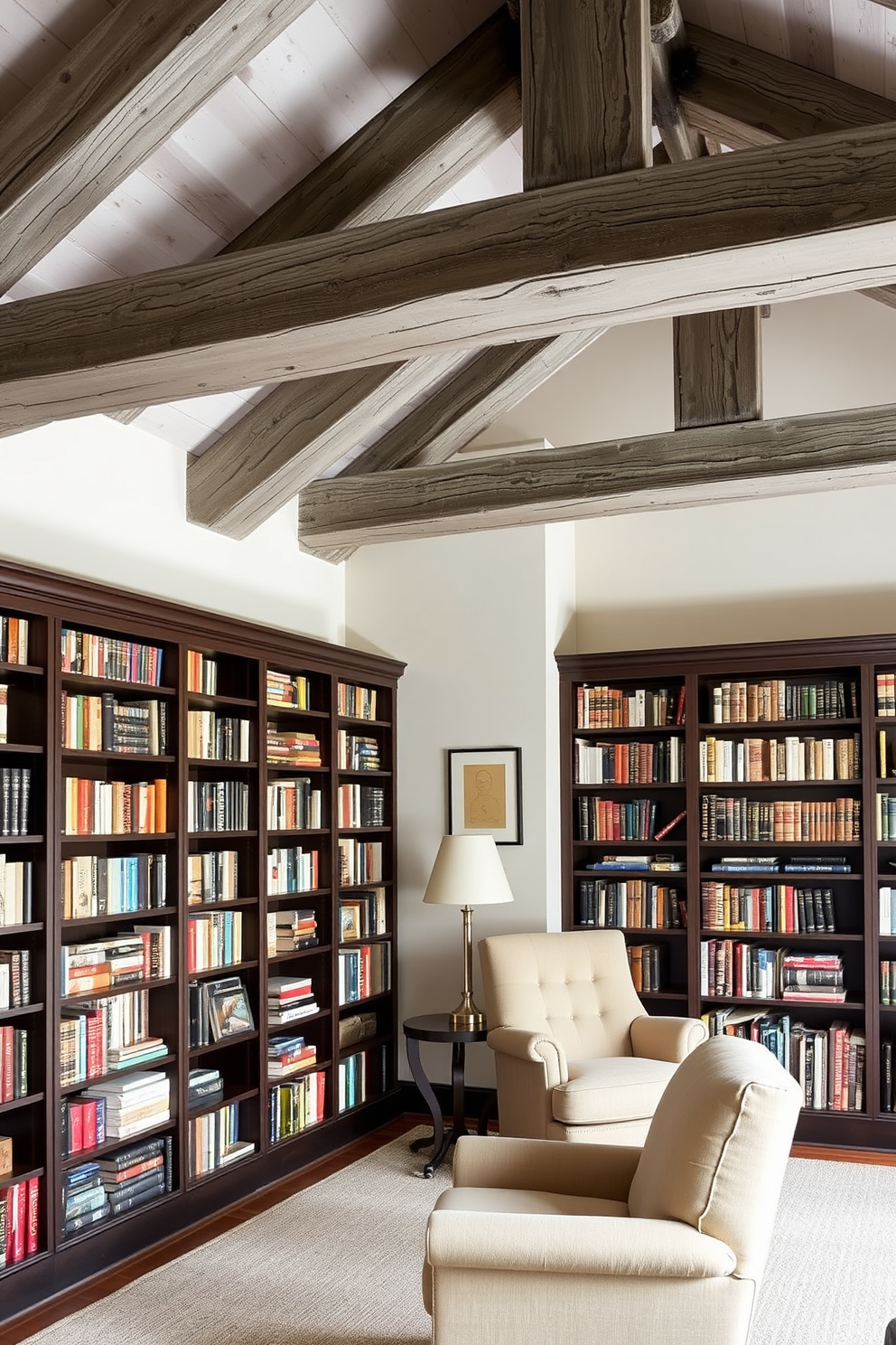 A cozy home library featuring rustic gray beams that add architectural interest to the space. The walls are lined with dark wooden bookshelves filled with an array of books, complemented by a plush reading chair in a soft fabric.