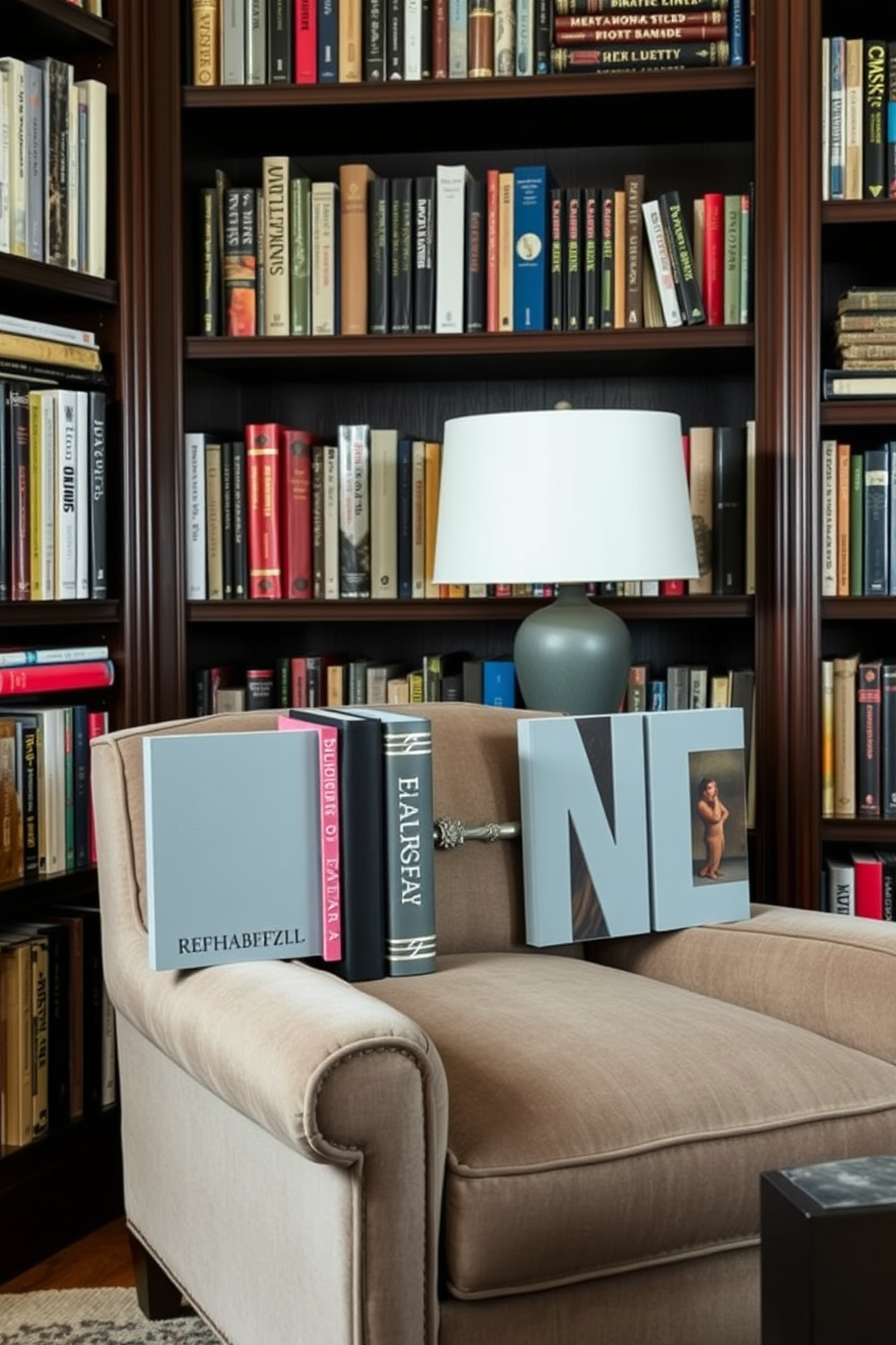 A cozy home library featuring personalized gray bookends that add character to the space. The walls are lined with dark wood bookshelves filled with an eclectic mix of books, while a plush armchair sits in the corner, inviting you to relax and read.
