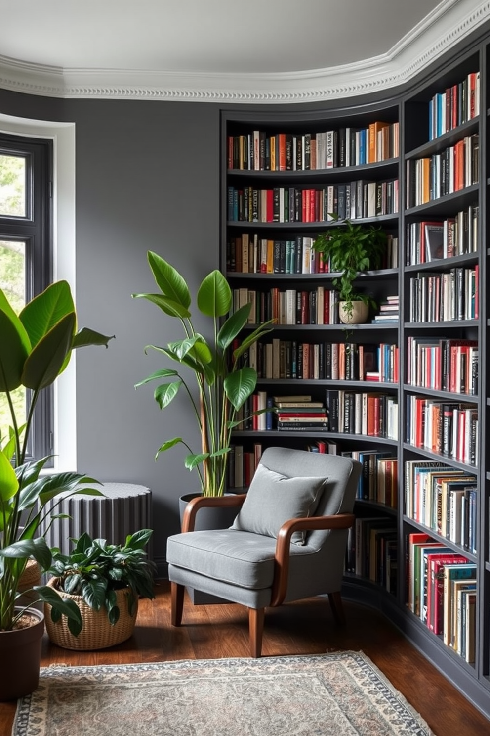 A cozy home library featuring a gray color palette with lush green plants strategically placed throughout the space. The walls are lined with dark gray bookshelves filled with an array of books, while a comfortable reading chair in a soft gray fabric invites relaxation.