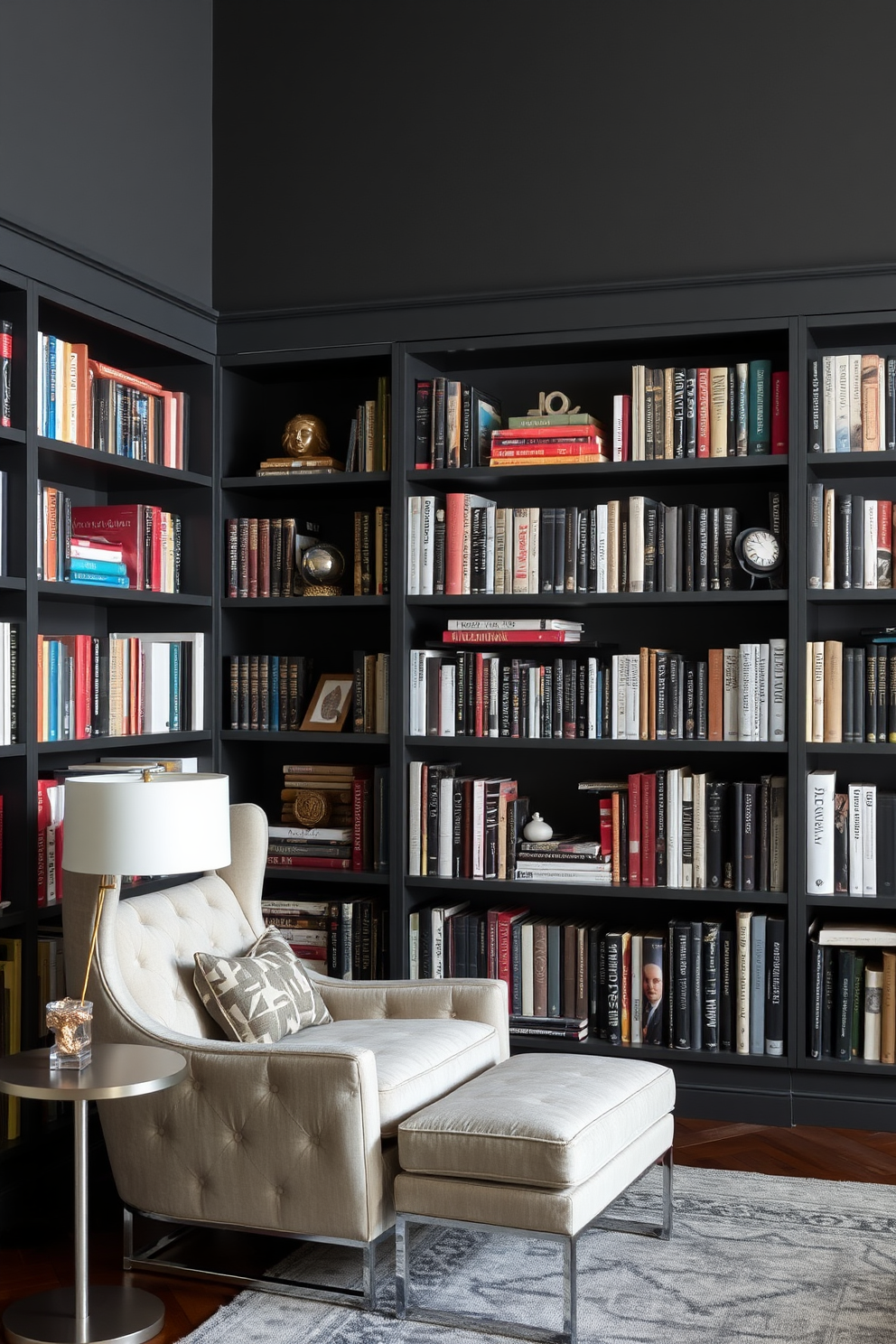 Accent wall in deep gray tones. The library features floor-to-ceiling bookshelves filled with an array of books and decorative objects. A plush reading chair in a contrasting light color is positioned next to a sleek side table. Soft lighting from a stylish lamp creates a cozy atmosphere for reading and relaxation.