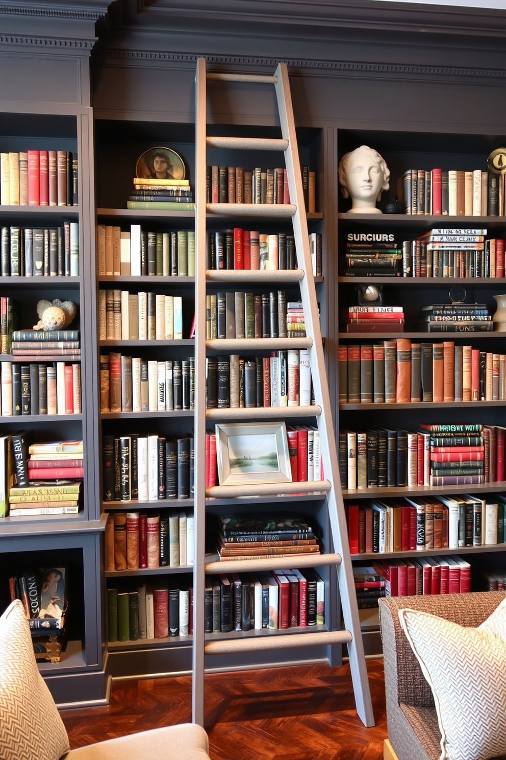A vintage gray ladder leans against a wall filled with bookshelves, showcasing a curated selection of classic novels and decorative items. The library features deep gray walls, plush seating, and warm lighting that creates an inviting atmosphere for reading and relaxation.