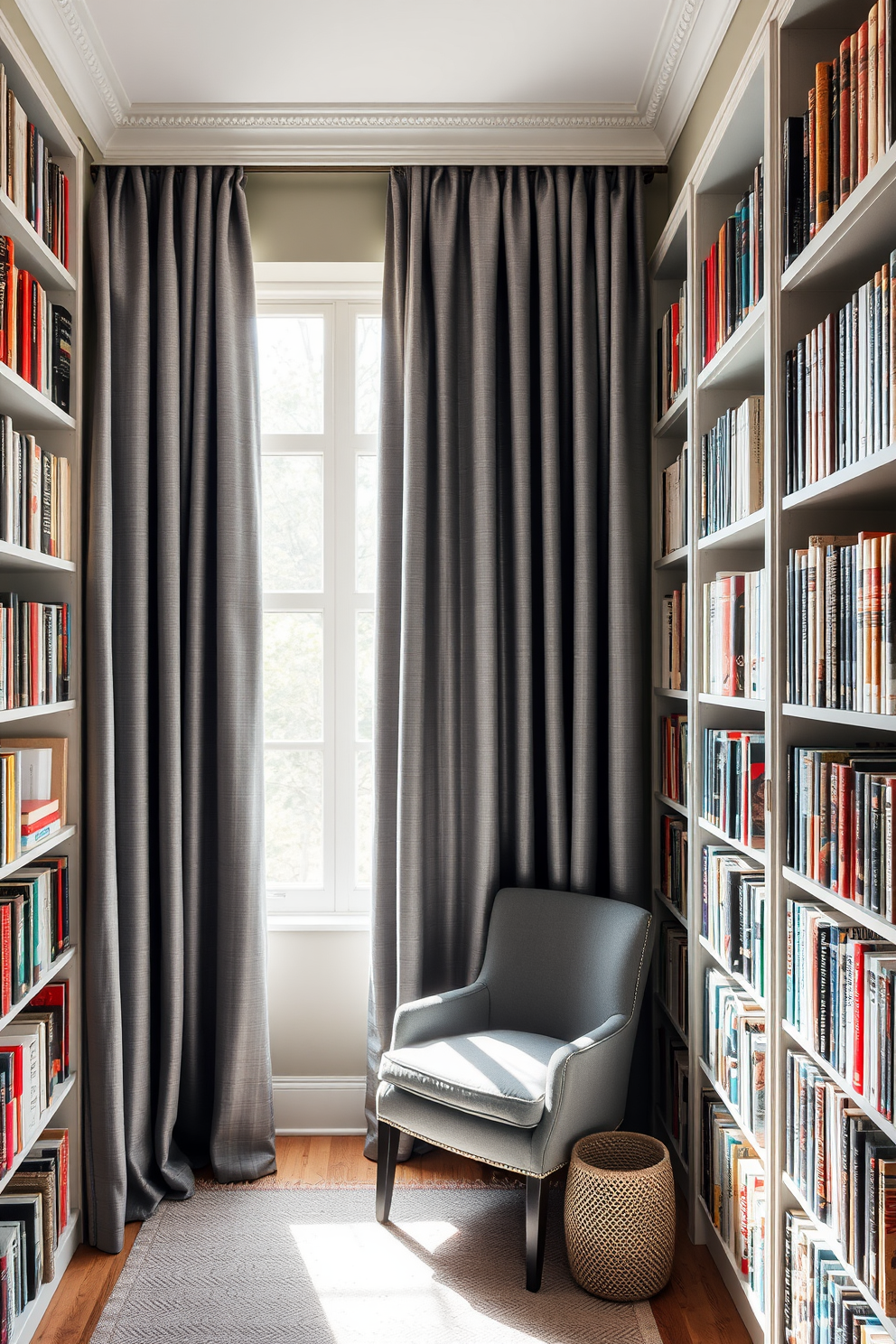 A cozy home library featuring gray curtains that gently diffuse natural light creating a warm and inviting atmosphere. The room is filled with floor-to-ceiling bookshelves lined with a curated collection of books, complemented by a plush gray reading chair nestled in a corner.