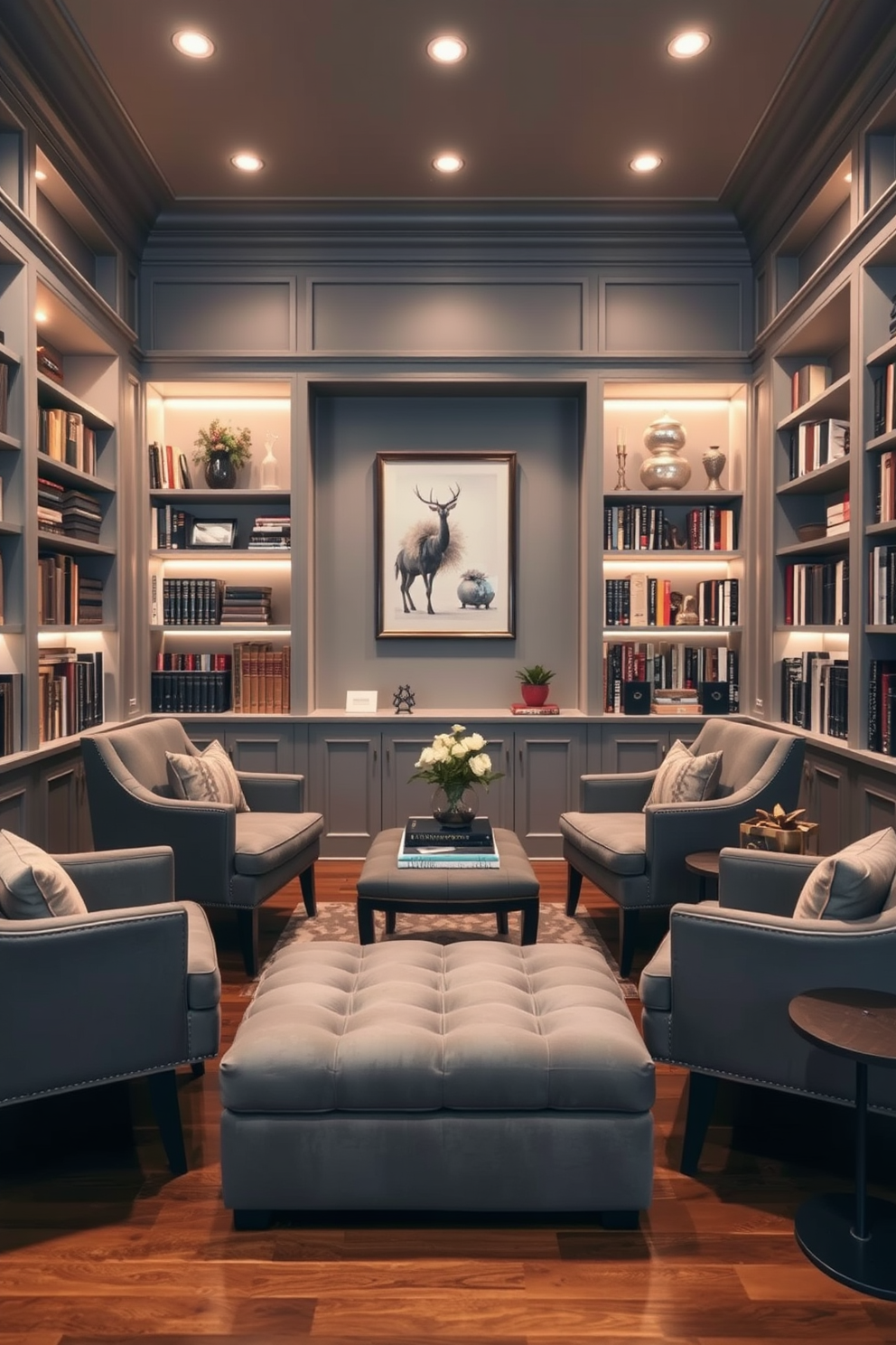 A stylish gray ottoman sits in the center of a cozy reading nook. It complements the surrounding shelves filled with books and decorative items in a sophisticated gray home library. The library features a rich wooden floor and soft ambient lighting that creates an inviting atmosphere. Plush armchairs in muted tones are arranged around a small coffee table, enhancing the comfort of the space.
