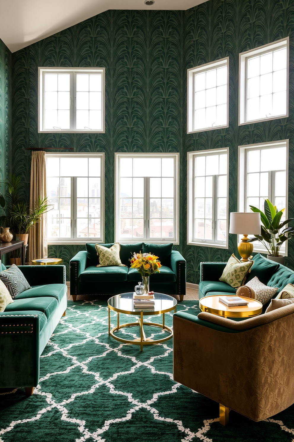 Art deco green wallpaper adds a vintage charm to the space, creating an inviting atmosphere. The living room features plush velvet sofas and gold accent tables that complement the wallpaper beautifully. Large windows allow natural light to flood the room, enhancing the rich green tones of the decor. A geometric area rug ties the seating area together, providing a perfect contrast to the elegant wallpaper.