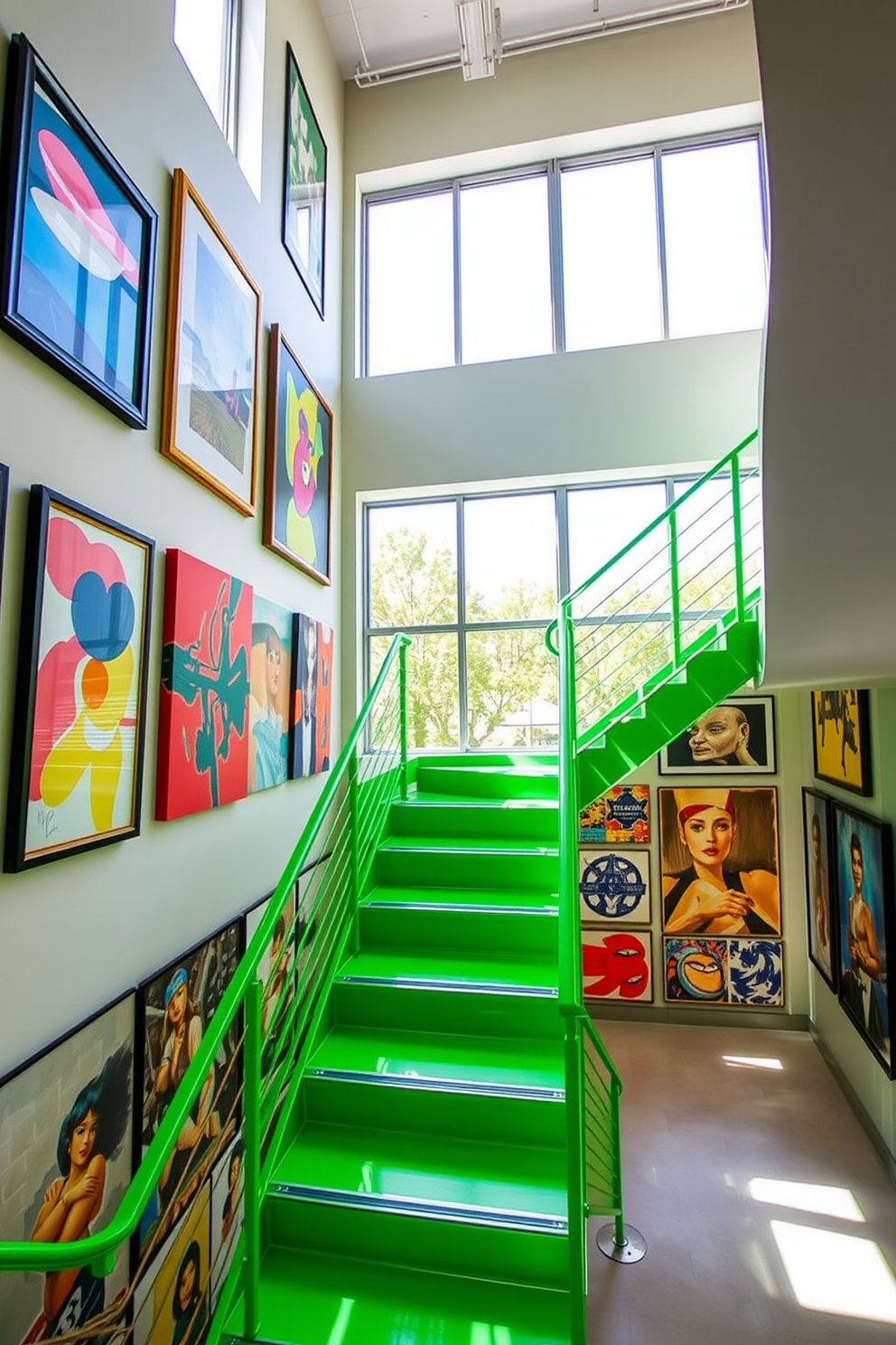 Bright green staircase with colorful artwork. The staircase features a sleek modern design with a bright green railing and steps that create a vibrant focal point in the space. Colorful artwork adorns the walls, showcasing a mix of abstract paintings and framed prints that enhance the lively atmosphere. Natural light floods the area through large windows, highlighting the interplay of colors and creating an inviting ambiance.