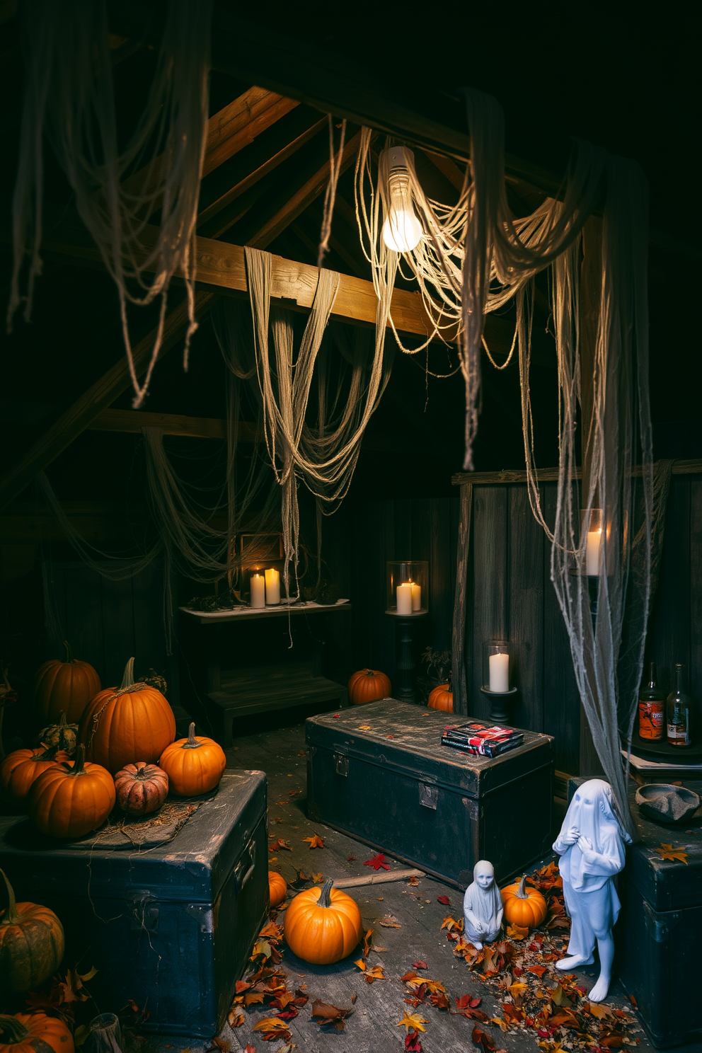 A spooky attic filled with cobwebs draping from the rafters creates an eerie atmosphere. Old wooden beams are visible above, and the dim lighting adds to the haunting ambiance. Decorate the space with vintage Halloween decorations like worn-out pumpkins and flickering candles. A dusty old trunk sits in the corner, surrounded by scattered autumn leaves and ghostly figures.