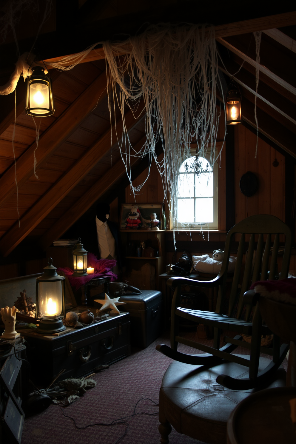 Creepy sound effects play softly in the background, enhancing the eerie atmosphere of the attic. Cobwebs drape from the wooden beams, while dimly lit lanterns flicker, casting unsettling shadows across the room. Old trunks filled with vintage costumes and props are scattered around, adding to the nostalgic yet spooky vibe. A weathered rocking chair creaks gently in the corner, inviting curious guests to explore the haunting decor.
